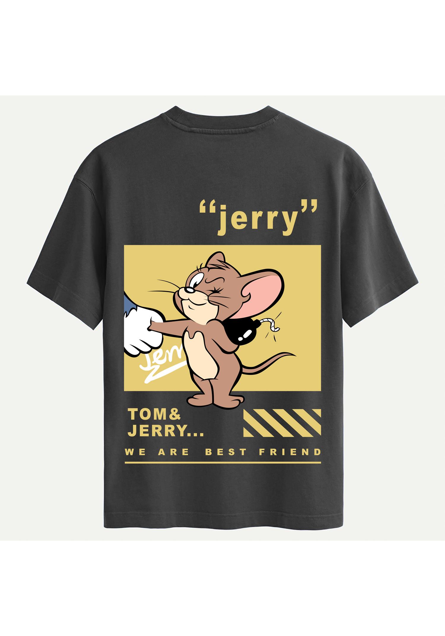 Unisex Bisiklet Yaka %100 Organik Pamuklu Kalın Dokulu Jerry Baskılı Oversize T-shirt - FÜME