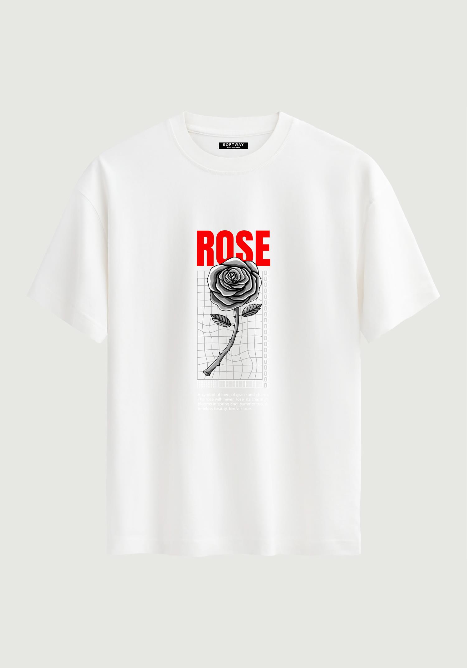Unisex Bisiklet Yaka %100 Organik Pamuklu Kalın Dokulu Rose Baskılı Oversize T-shirt - BEYAZ