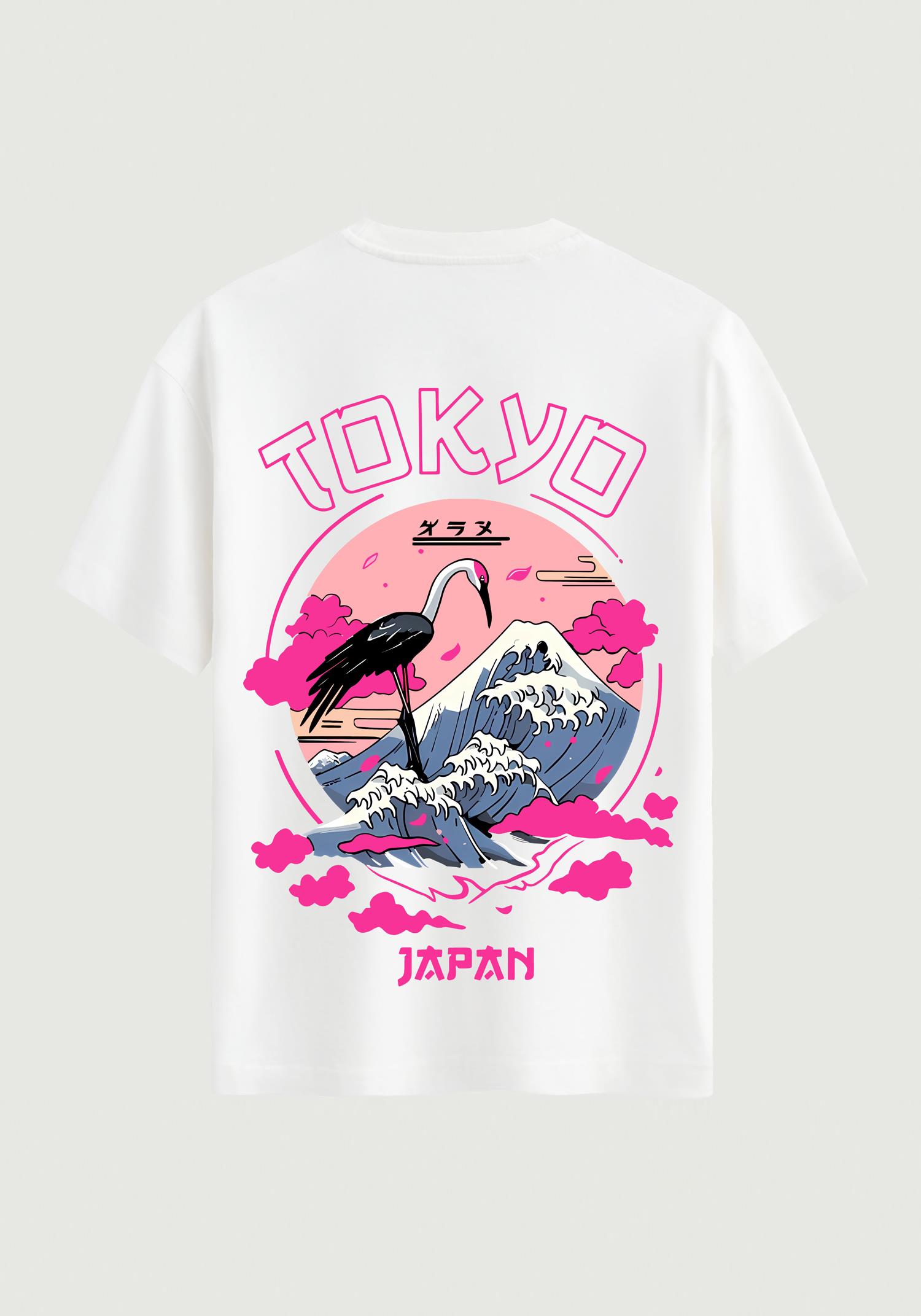 Unisex Bisiklet Yaka %100 Organik Pamuklu Kalın Dokulu Tokyo Baskılı Oversize T-shirt - BEYAZ