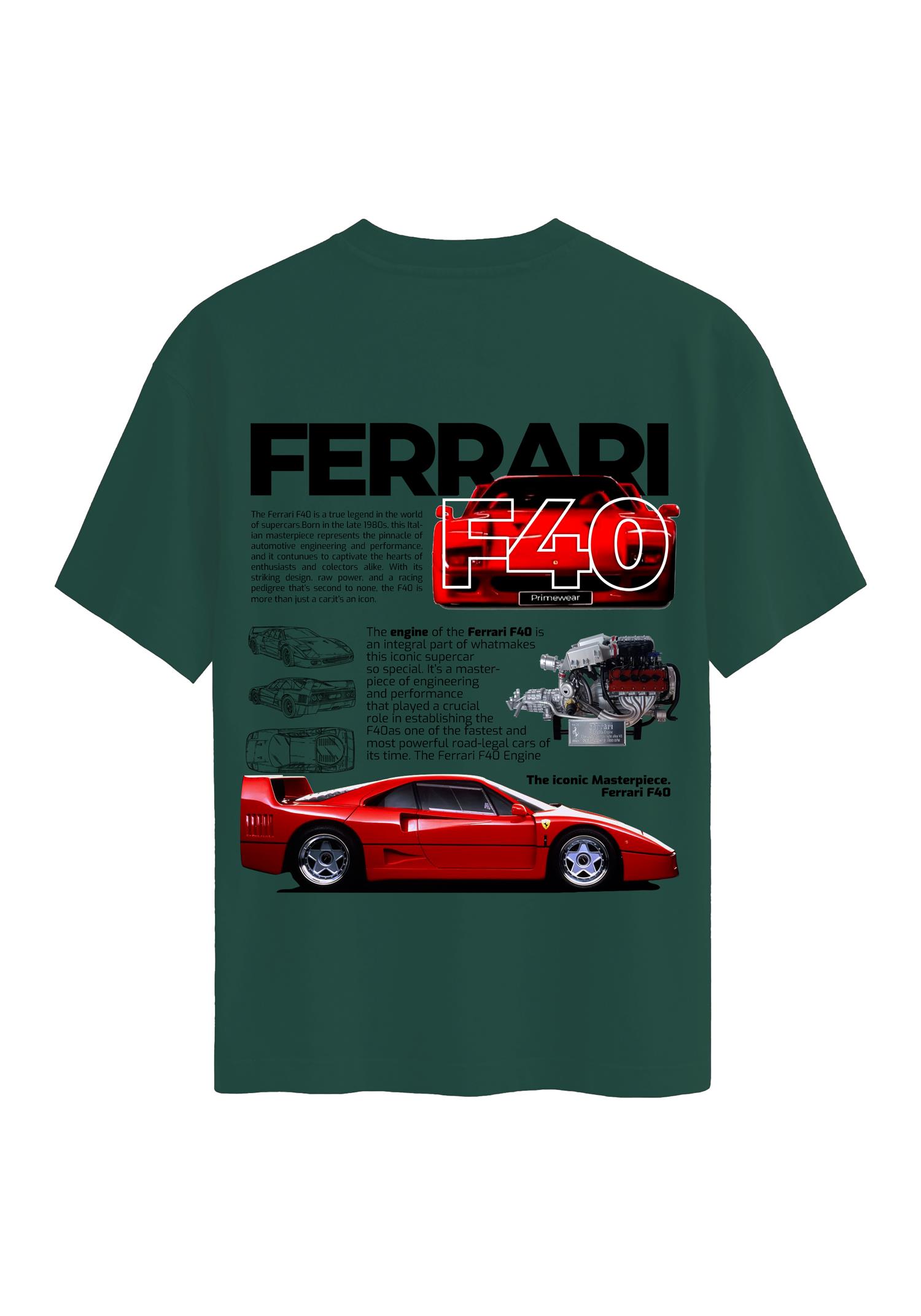 Unisex Bisiklet Yaka %100 Organik Pamuklu Kalın Dokulu Ferrari F40 Baskılı Oversize T-shirt - KOYU YEŞİL