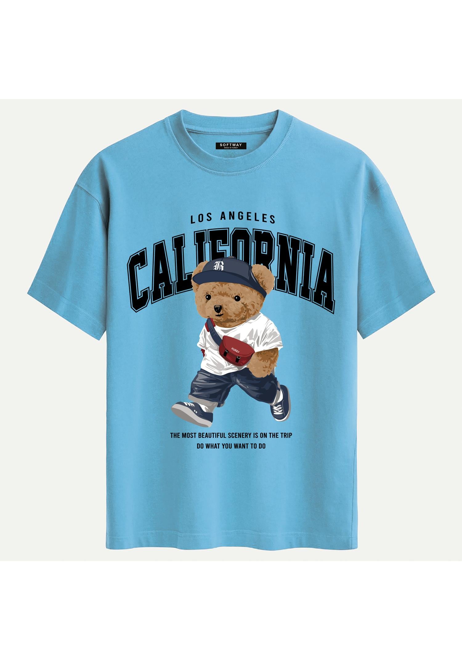 Unisex Bisiklet Yaka %100 Organik Pamuklu Kalın Dokulu California Baskılı Oversize T-shirt - MAVİ