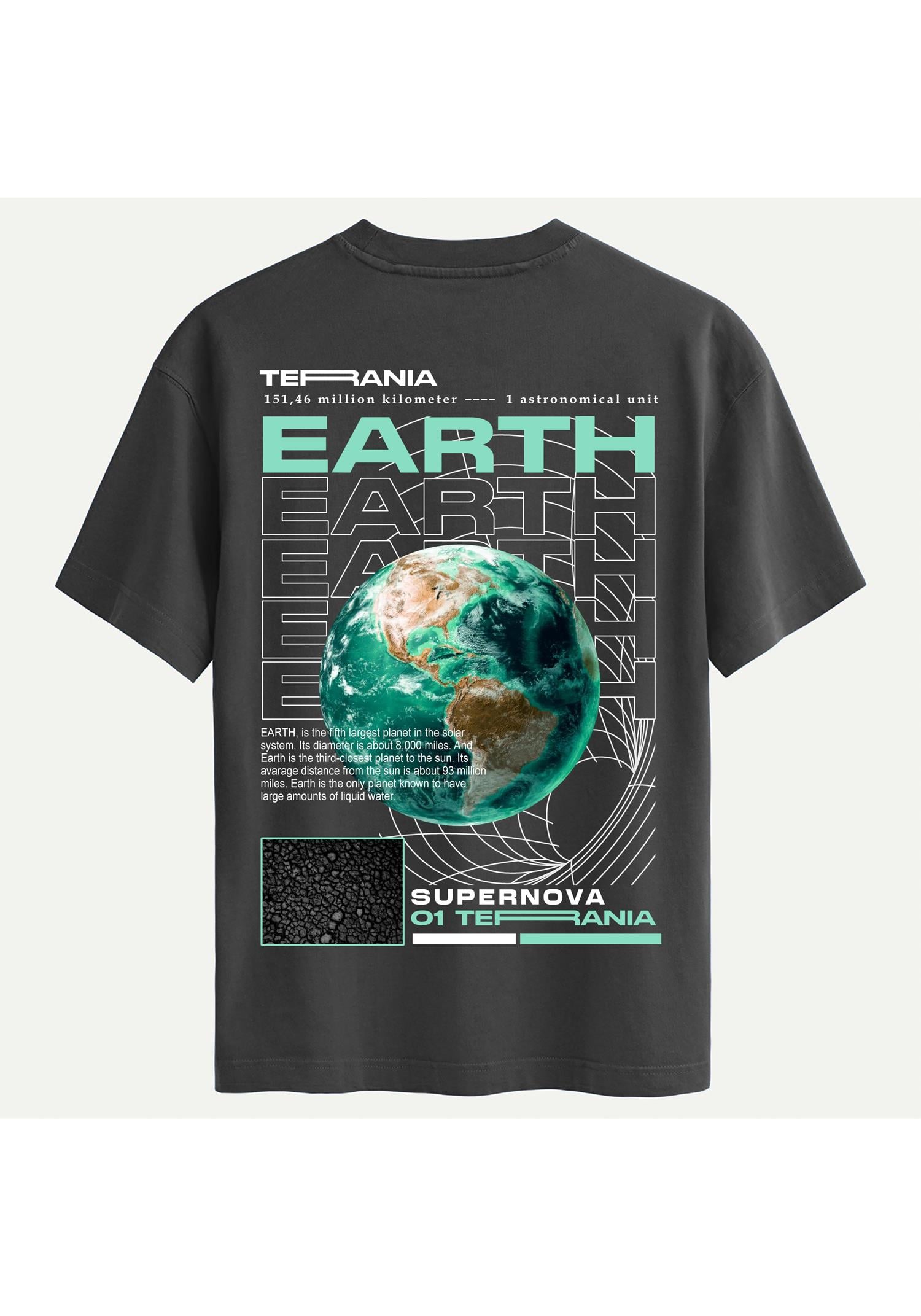 Unisex Bisiklet Yaka %100 Organik Pamuklu Kalın Dokulu Earth Baskılı Oversize T-shirt - FÜME