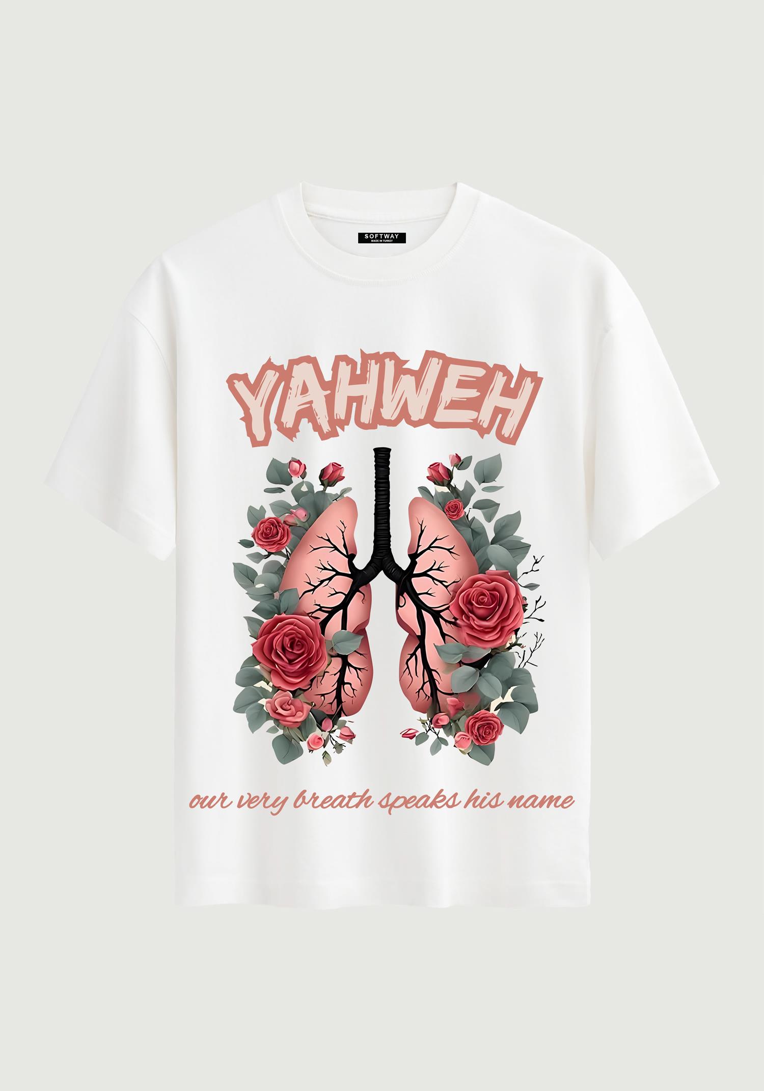 Unisex Bisiklet Yaka %100 Organik Pamuklu Kalın Dokulu YAHWEH Baskılı Oversize T-shirt - BEYAZ