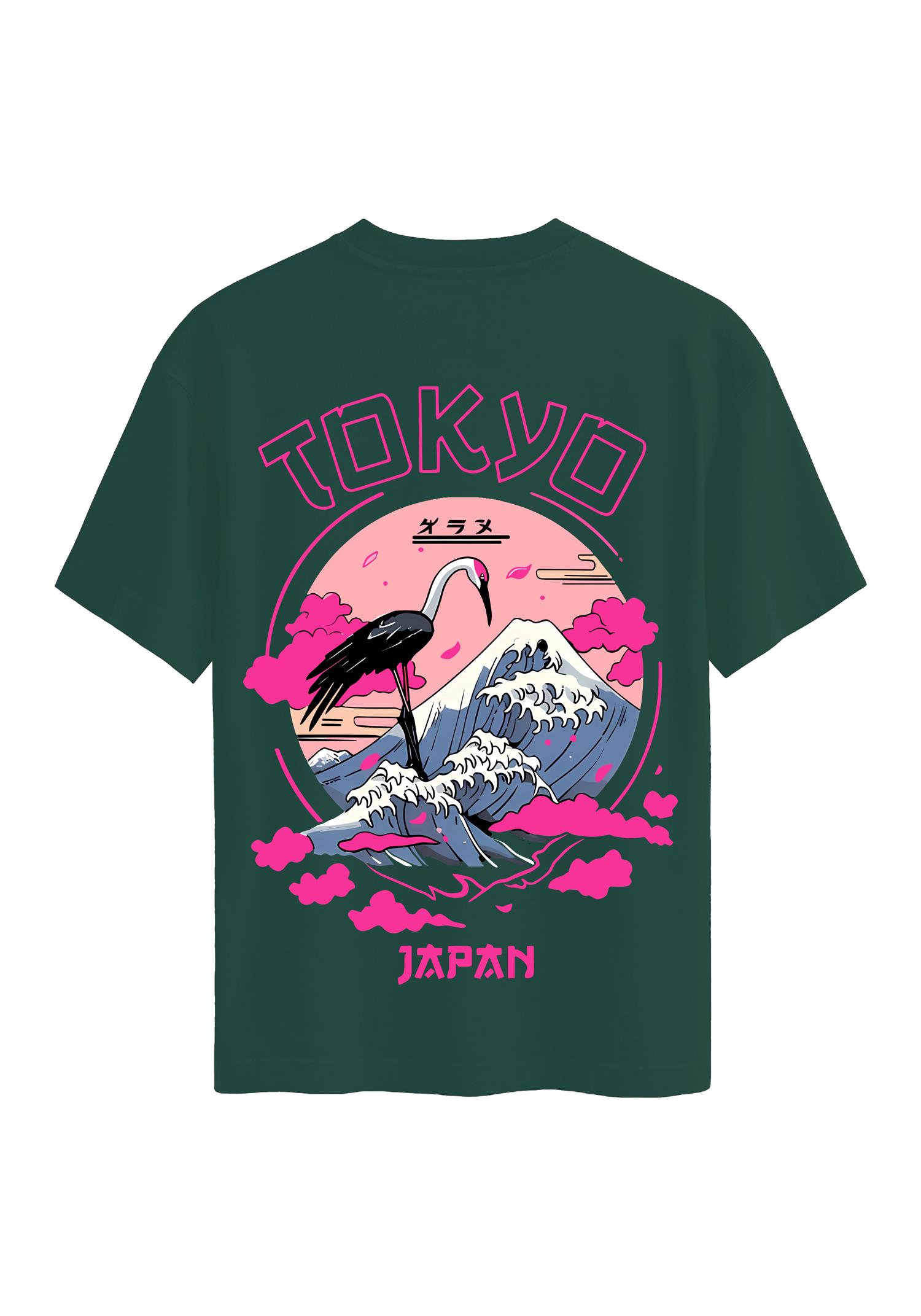 Unisex Bisiklet Yaka %100 Organik Pamuklu Kalın Dokulu Tokyo Baskılı Oversize T-shirt - KOYU YEŞİL