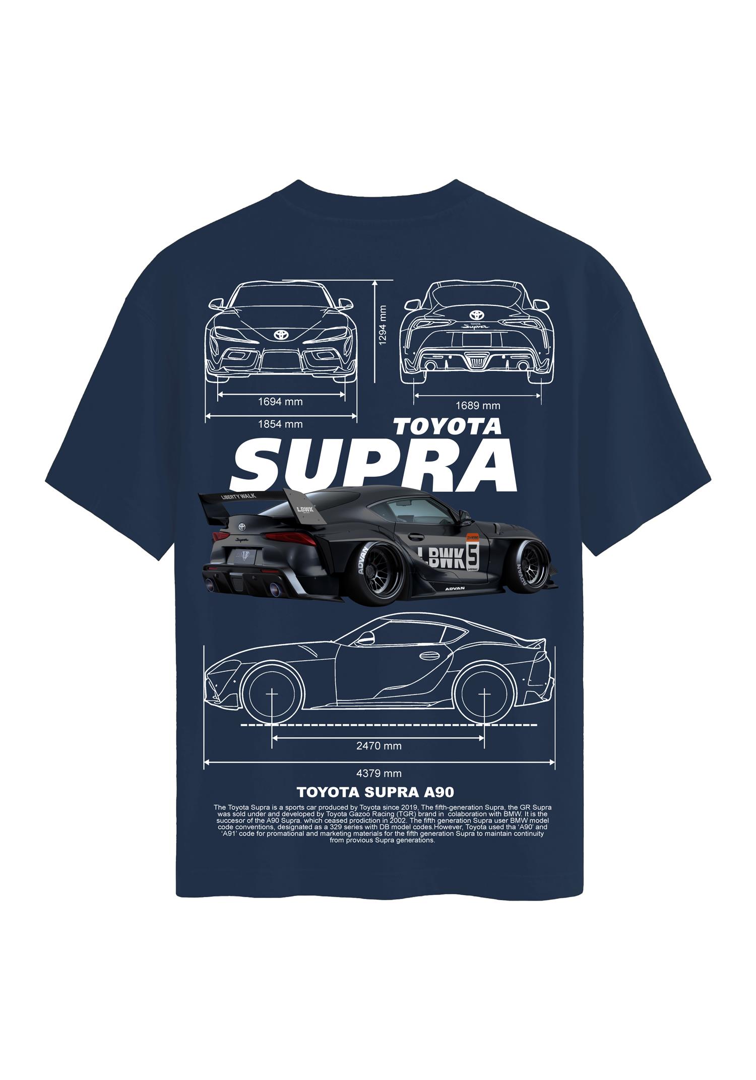 Unisex Bisiklet Yaka %100 Organik Pamuklu Kalın Dokulu Toyota Supra A90 Baskılı Oversize T-shirt - LACİVERT