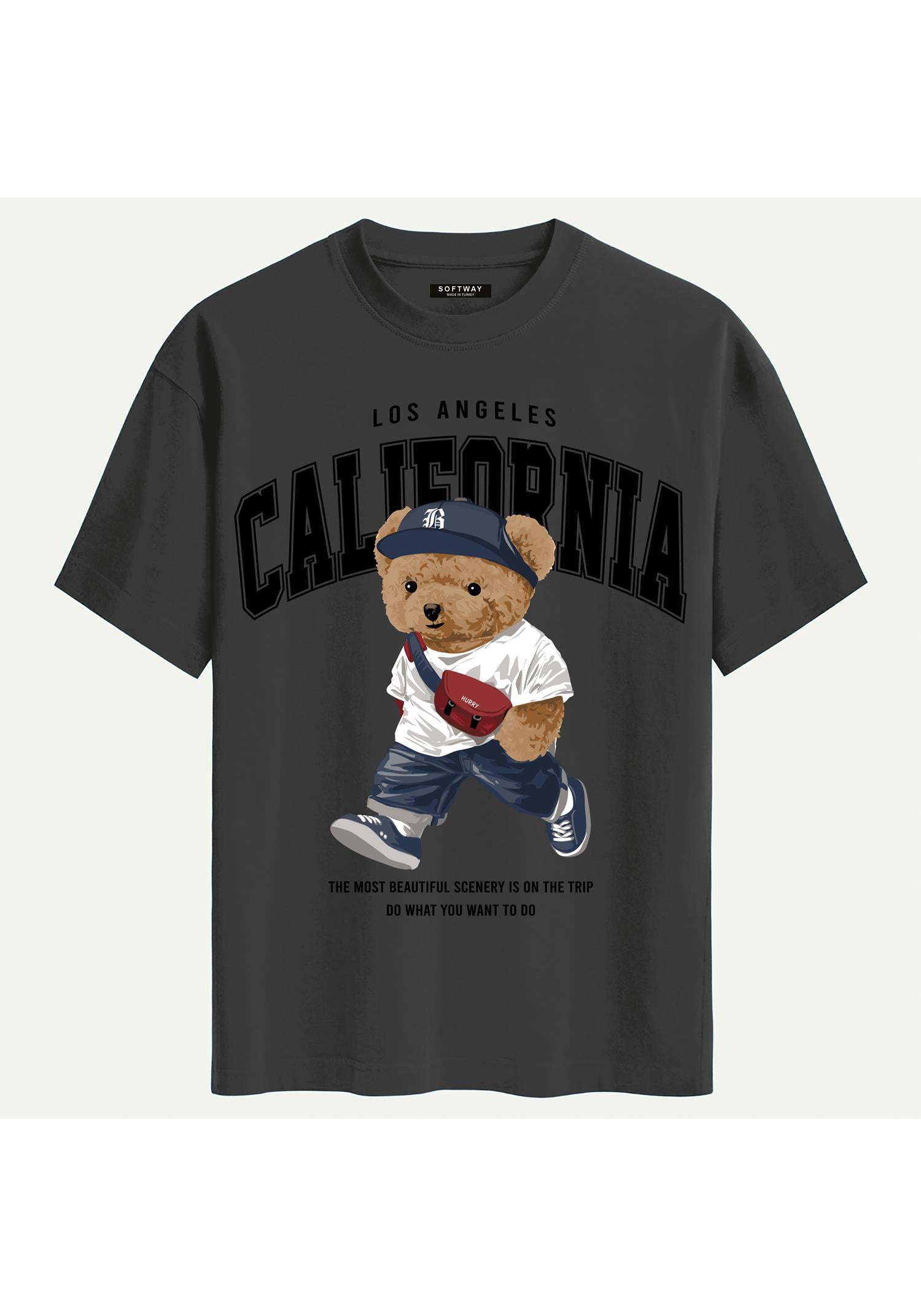 Unisex Bisiklet Yaka %100 Organik Pamuklu Kalın Dokulu California Baskılı Oversize T-shirt - FÜME