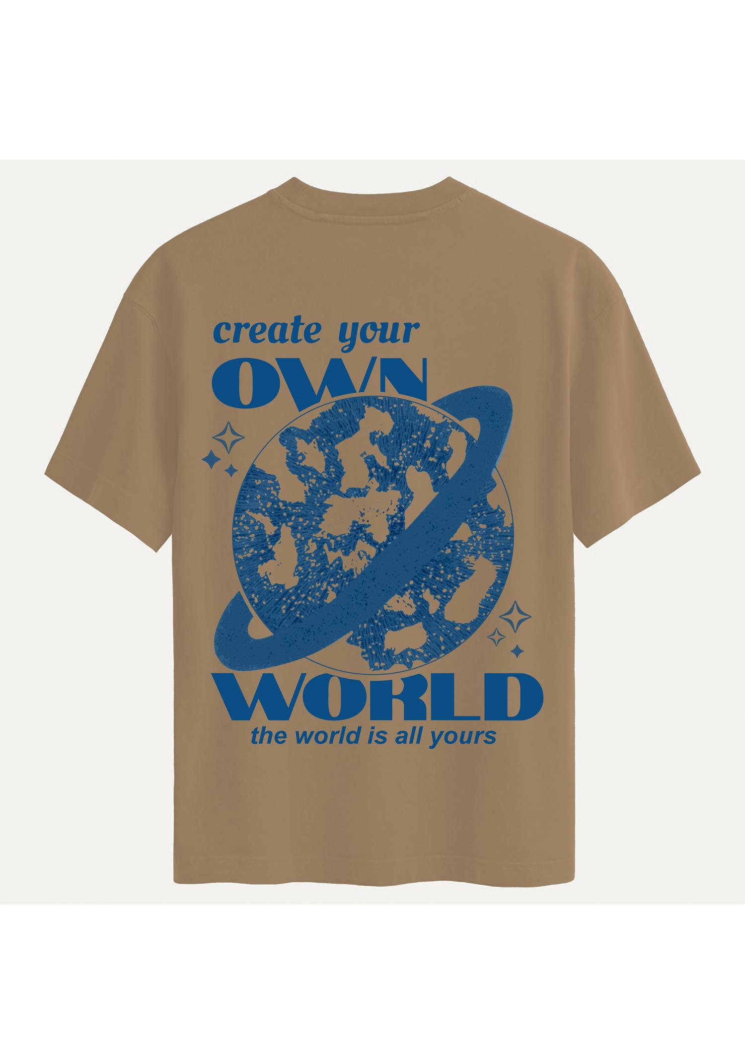 Unisex Bisiklet Yaka %100 Organik Pamuklu Kalın Dokulu Own World Baskılı Oversize T-shirt - AÇIK KAHVERENGİ