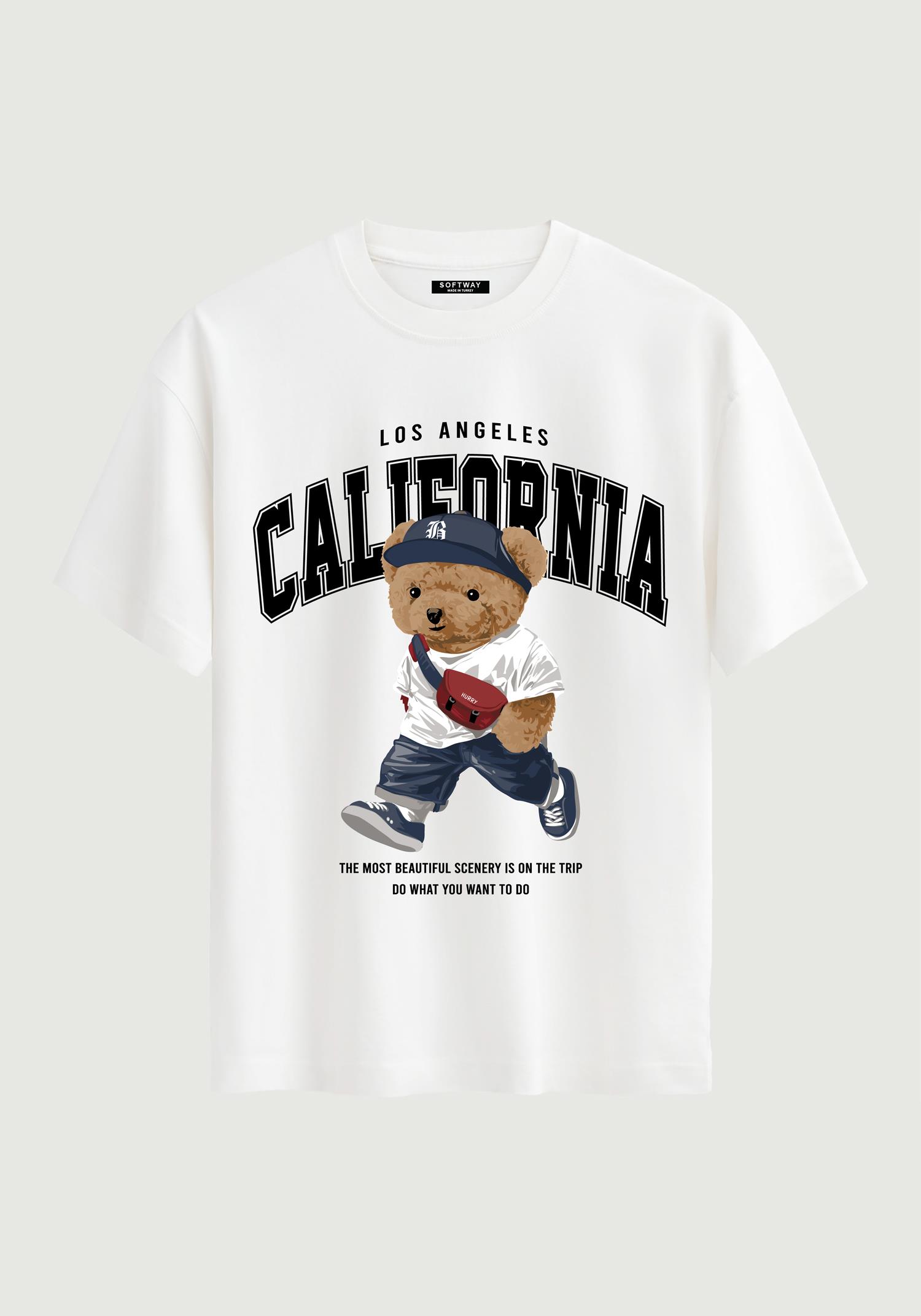 Unisex Bisiklet Yaka %100 Organik Pamuklu Kalın Dokulu California Baskılı Oversize T-shirt - BEYAZ