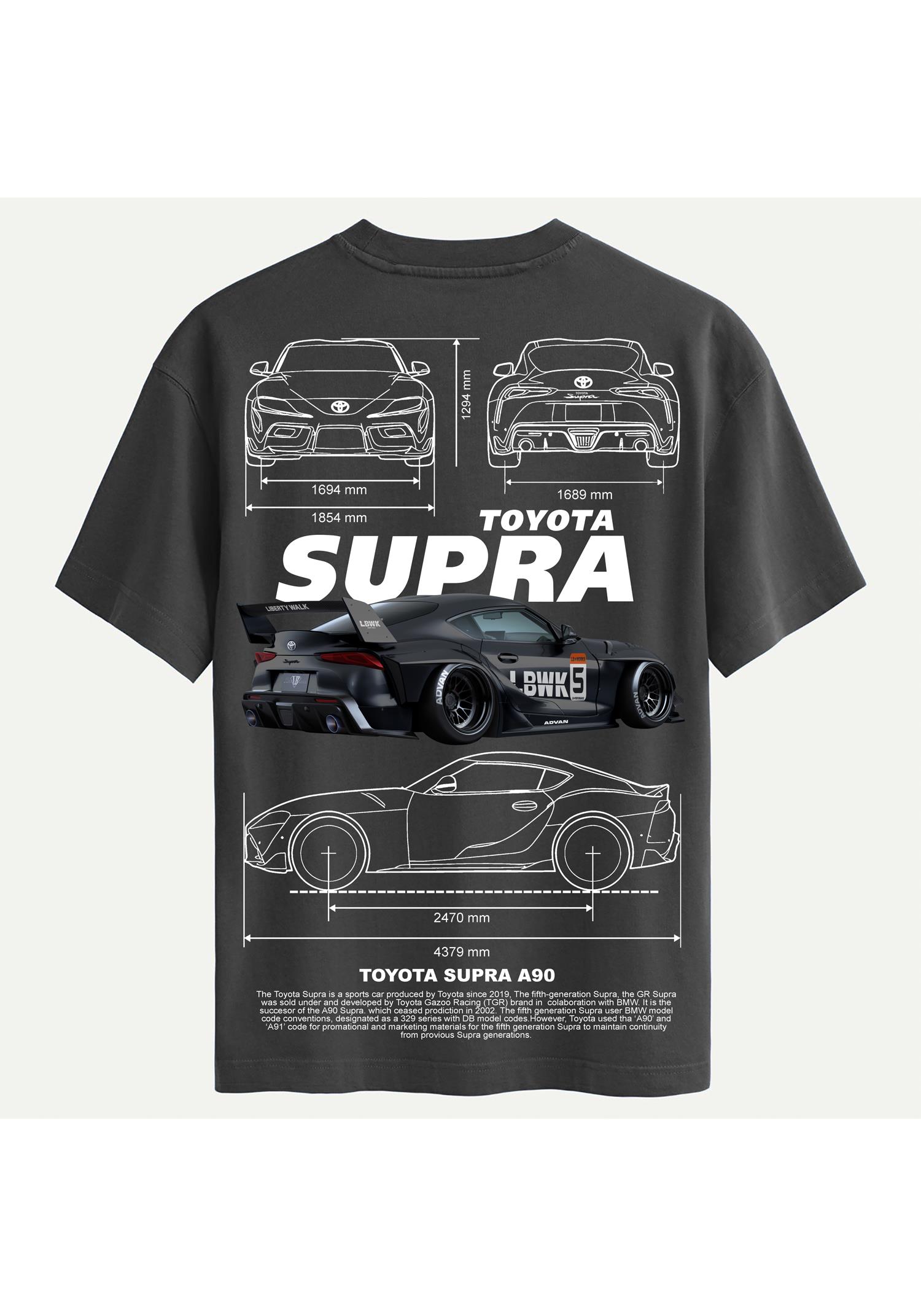 Unisex Bisiklet Yaka %100 Organik Pamuklu Kalın Dokulu Toyota Supra A90 Baskılı Oversize T-shirt - FÜME