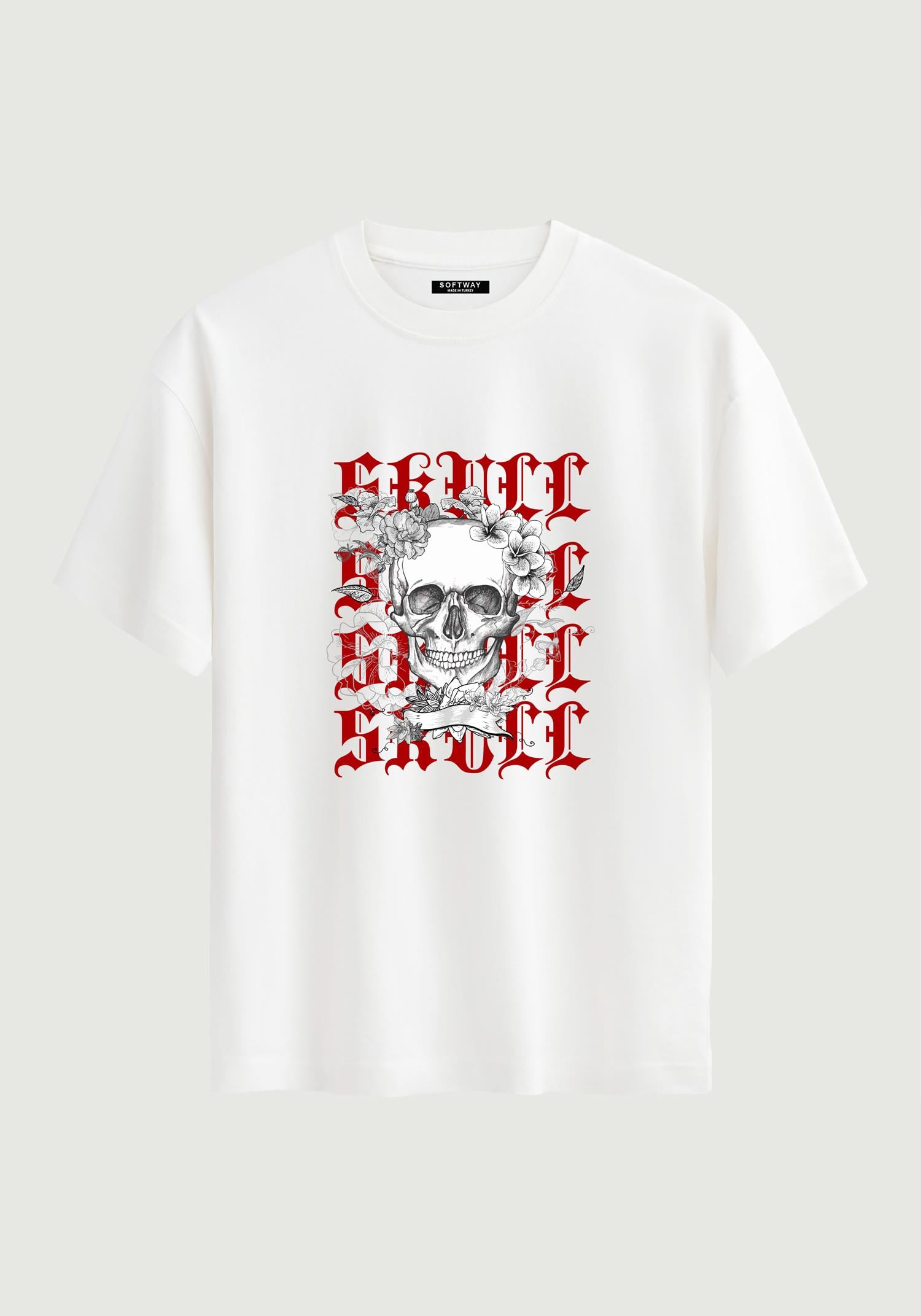 Unisex Bisiklet Yaka %100 Organik Pamuklu Kalın Dokulu Skull Baskılı Oversize T-shirt - BEYAZ