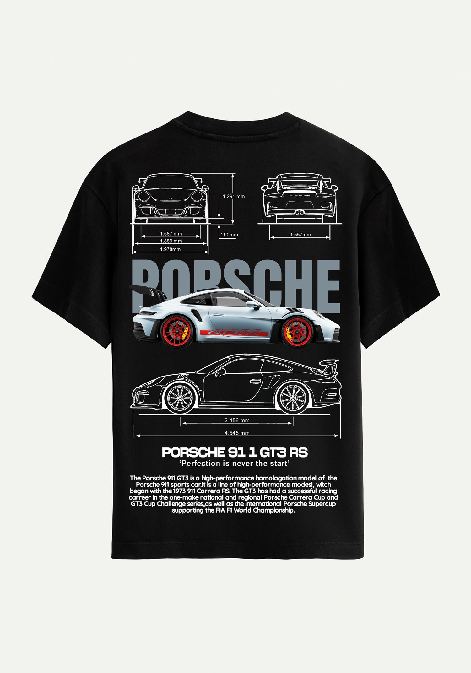 Unisex Bisiklet Yaka %100 Organik Pamuklu Kalın Dokulu Porsche 911 gt3 rs Baskılı Oversize T-shirt - SİYAH