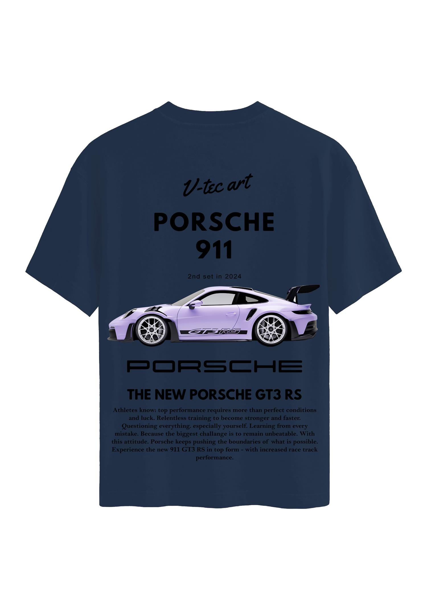 Unisex Bisiklet Yaka %100 Organik Pamuklu Kalın Dokulu Porsche 911 Baskılı Oversize T-shirt - LACİVERT