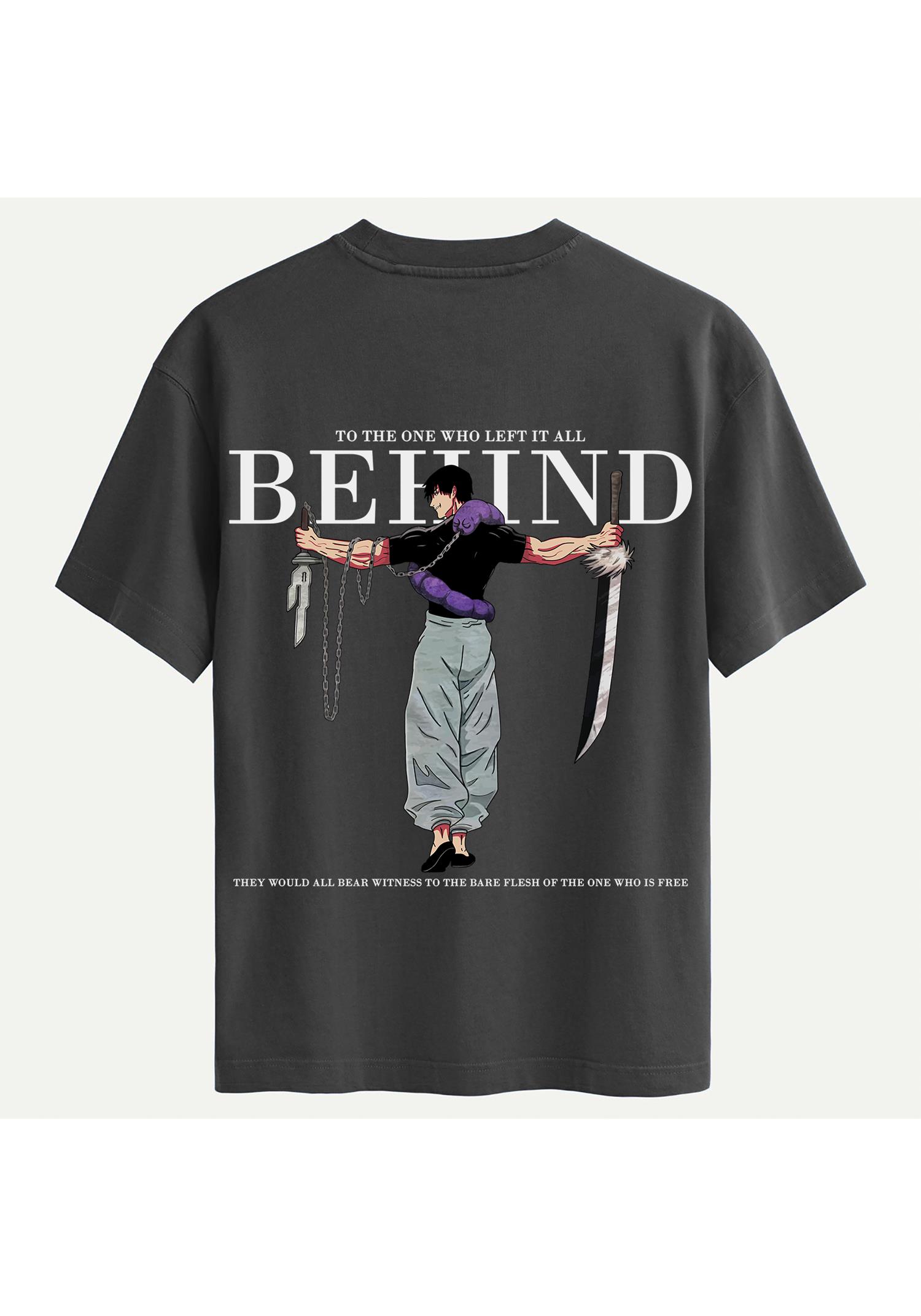 Unisex Bisiklet Yaka %100 Organik Pamuklu Kalın Dokulu Behind Baskılı Oversize T-shirt - FÜME