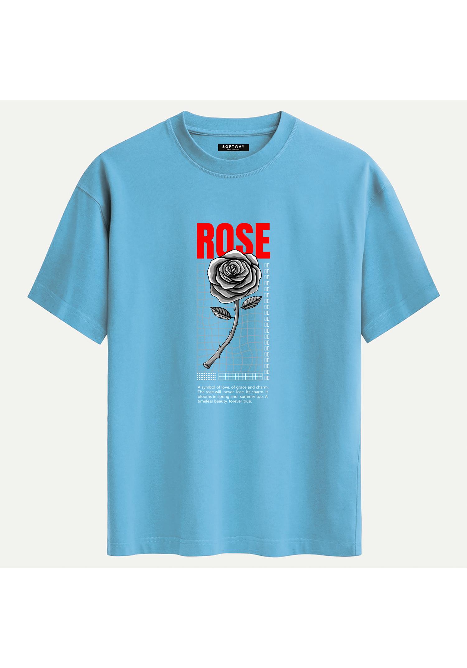 Unisex Bisiklet Yaka %100 Organik Pamuklu Kalın Dokulu Rose Baskılı Oversize T-shirt - MAVİ