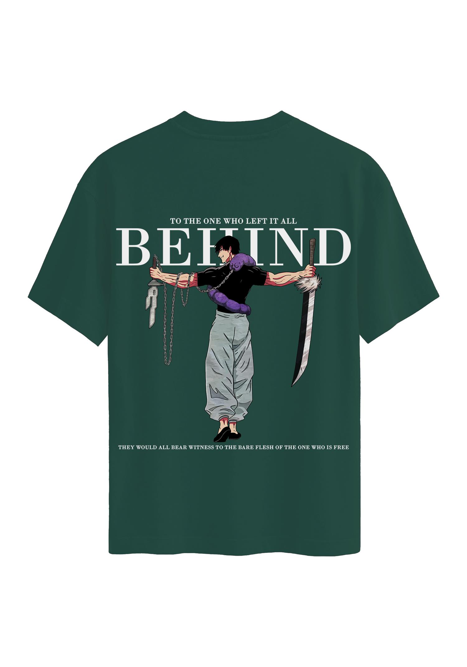 Unisex Bisiklet Yaka %100 Organik Pamuklu Kalın Dokulu Behind Baskılı Oversize T-shirt - KOYU YEŞİL
