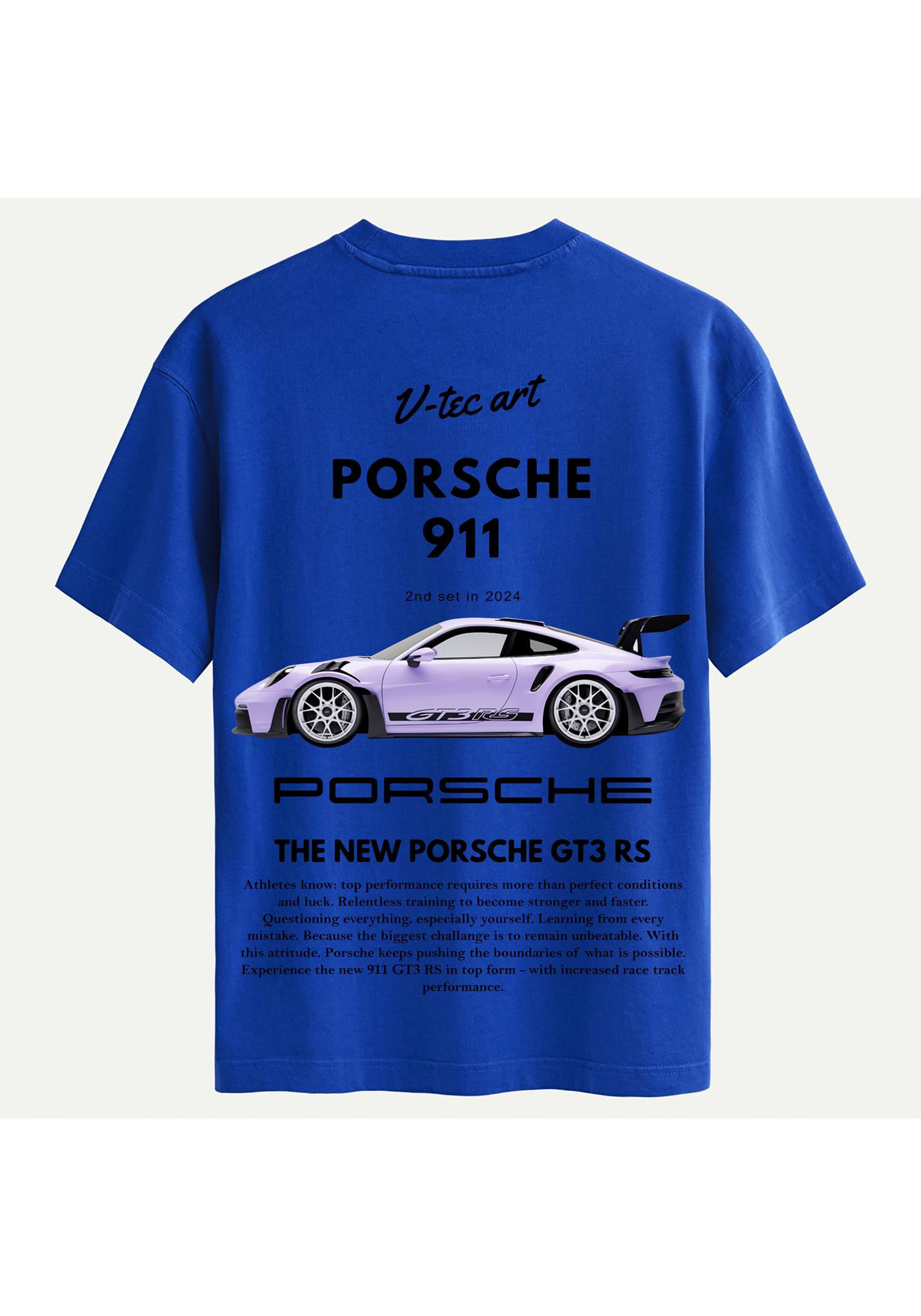 Unisex Bisiklet Yaka %100 Organik Pamuklu Kalın Dokulu Porsche 911 Baskılı Oversize T-shirt - SAKS MAVİSİ