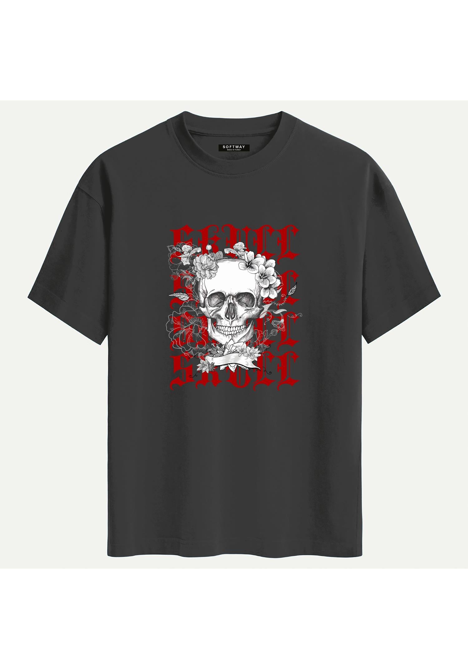 Unisex Bisiklet Yaka %100 Organik Pamuklu Kalın Dokulu Skull Baskılı Oversize T-shirt - FÜME