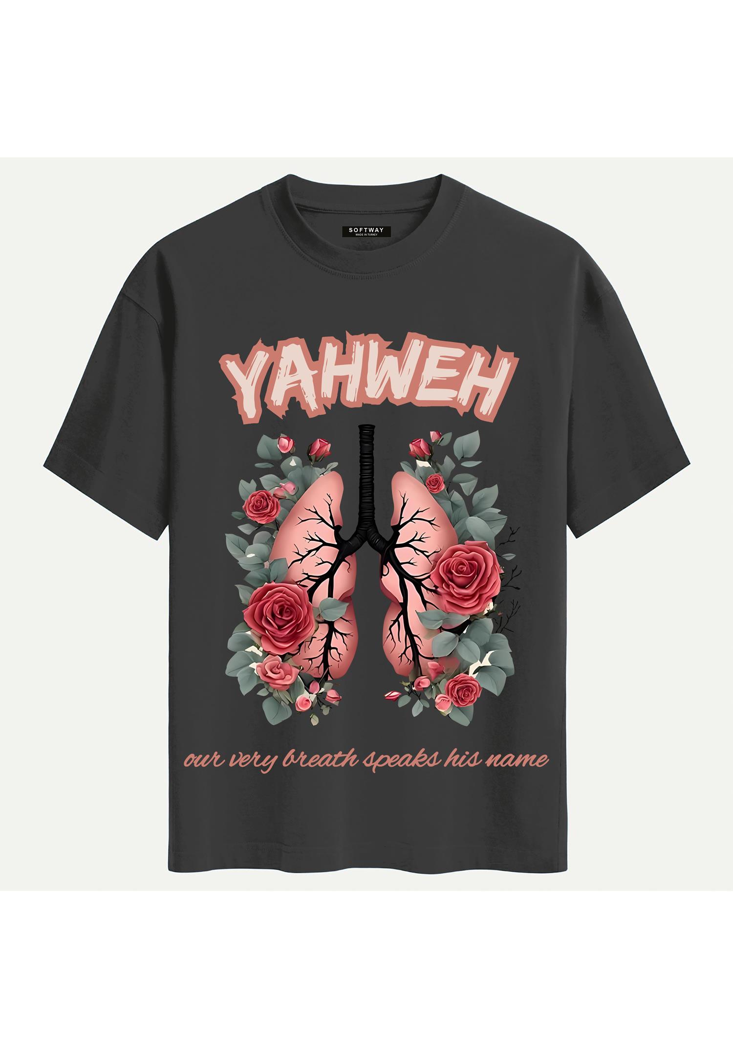 Unisex Bisiklet Yaka %100 Organik Pamuklu Kalın Dokulu YAHWEH Baskılı Oversize T-shirt - FÜME