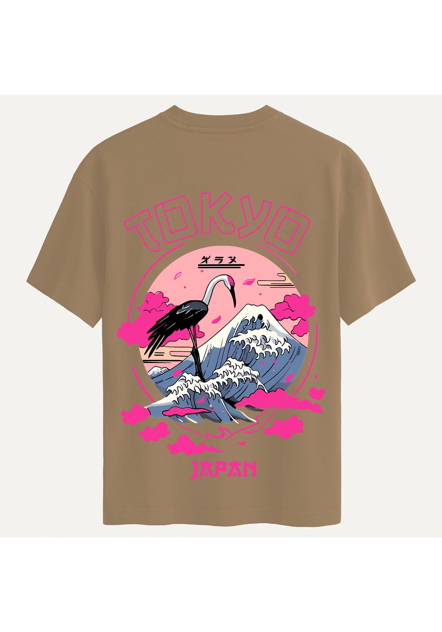Unisex Bisiklet Yaka %100 Organik Pamuklu Kalın Dokulu Tokyo Baskılı Oversize T-shirt - AÇIK KAHVERENGİ