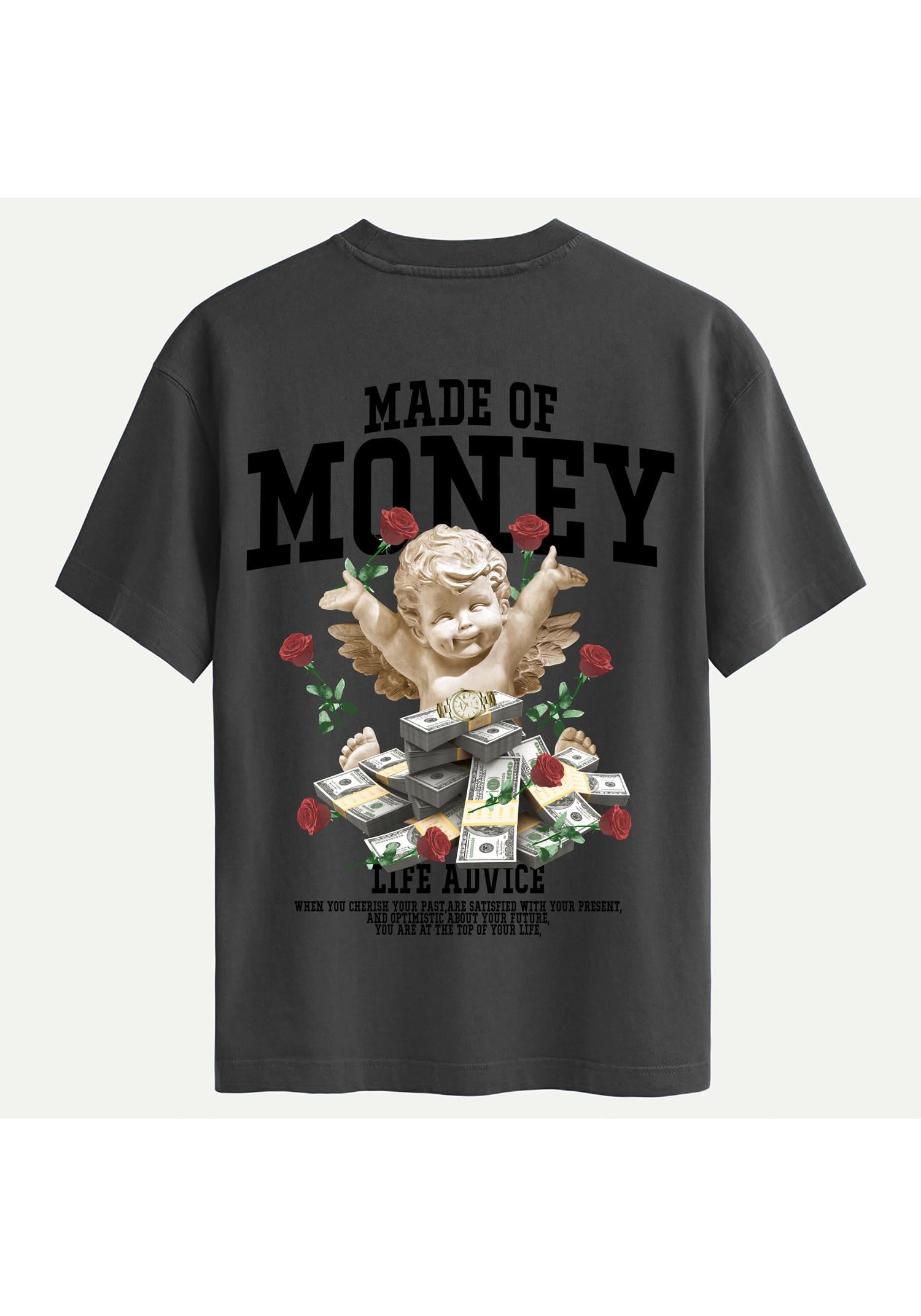 Unisex Bisiklet Yaka %100 Organik Pamuklu Kalın Dokulu Made Of Money Baskılı Oversize T-shirt - FÜME