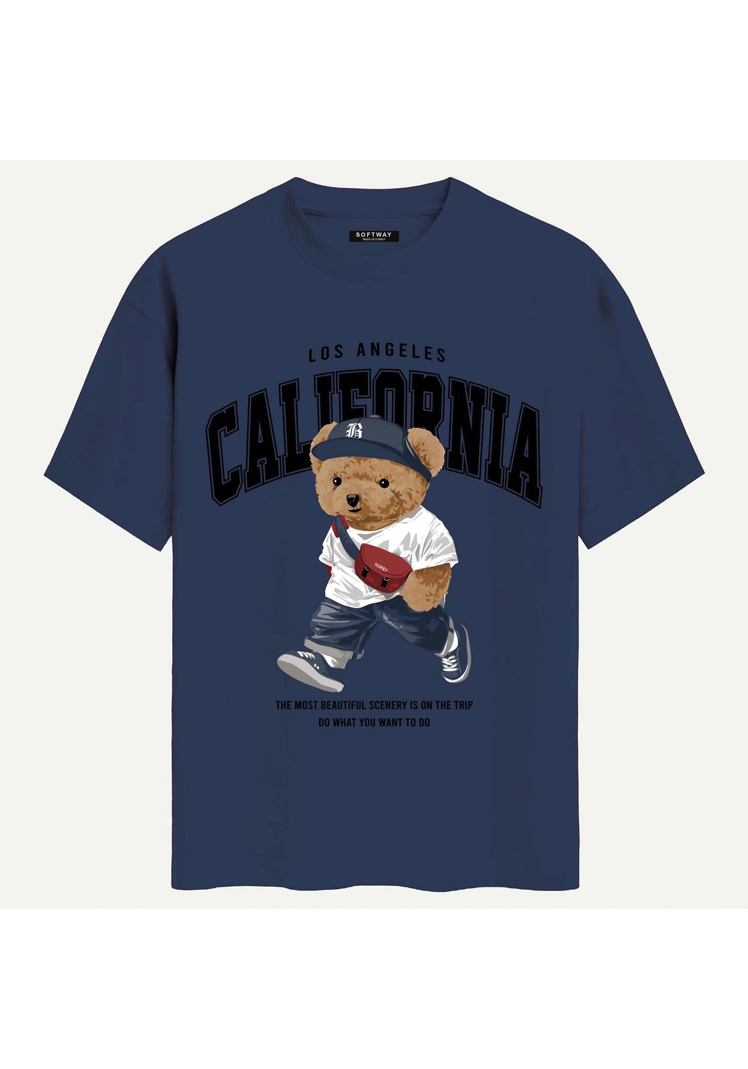 Unisex Bisiklet Yaka %100 Organik Pamuklu Kalın Dokulu California Baskılı Oversize T-shirt - LACİVERT