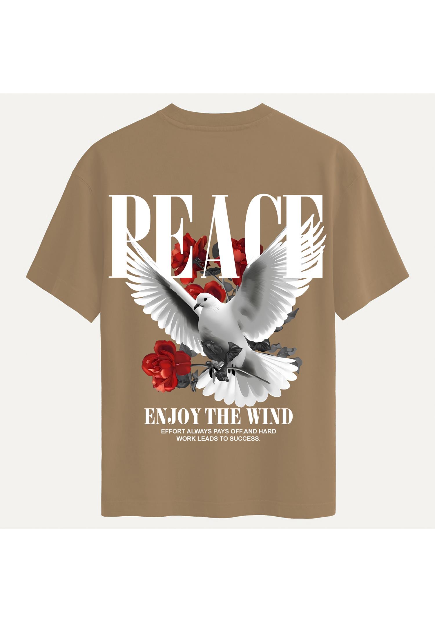 Unisex Bisiklet Yaka %100 Organik Pamuklu Kalın Dokulu Peace Baskılı Oversize T-shirt - AÇIK KAHVERENGİ