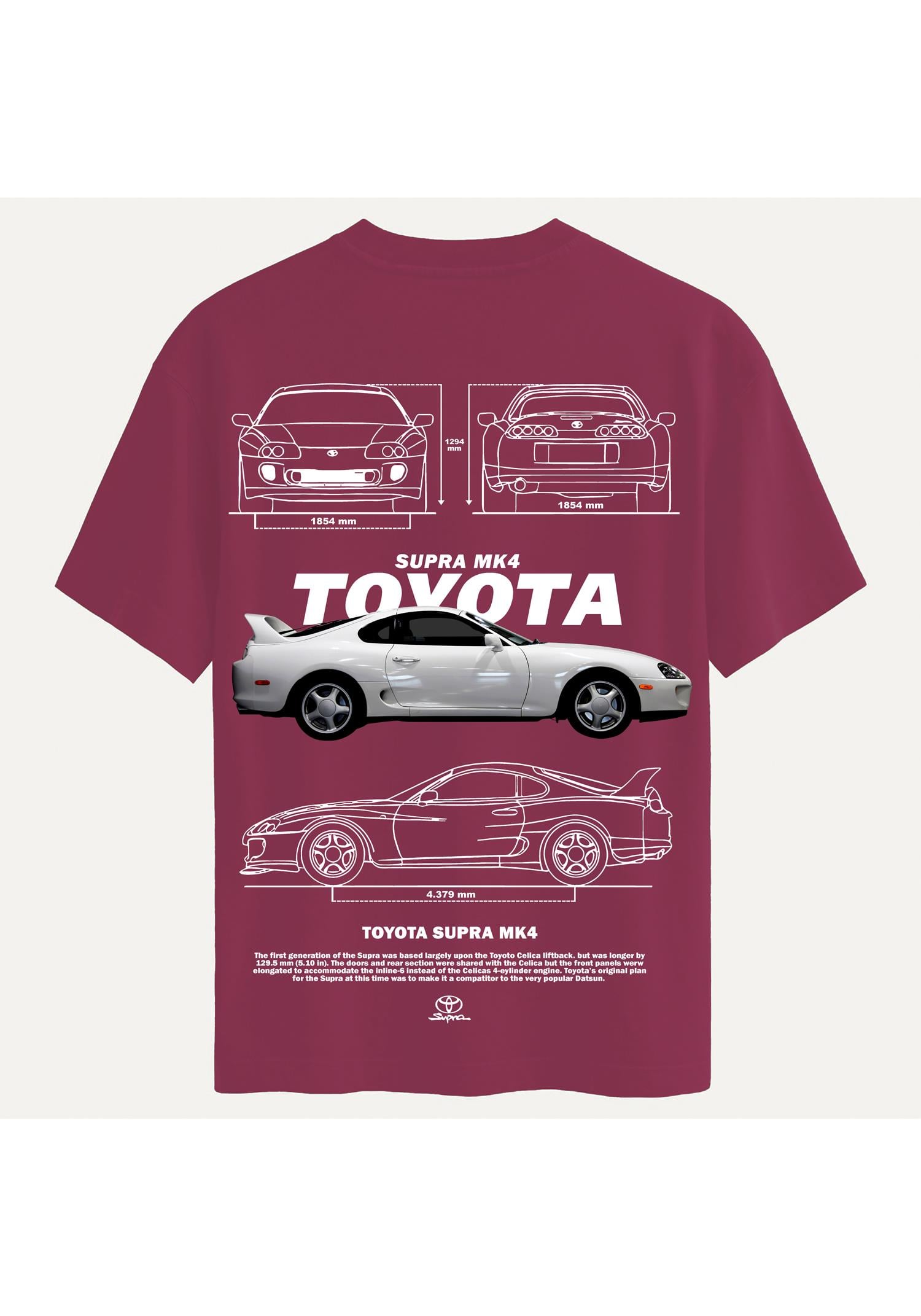Unisex Bisiklet Yaka %100 Organik Pamuklu Kalın Dokulu Toyota Supra mk4 Baskılı Oversize T-shirt - BORDO