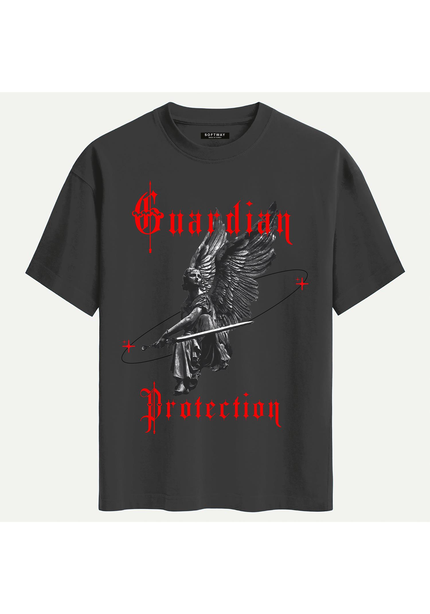 Unisex Bisiklet Yaka %100 Organik Pamuklu Kalın Dokulu Guardian Protection Baskılı Oversize T-shirt - FÜME