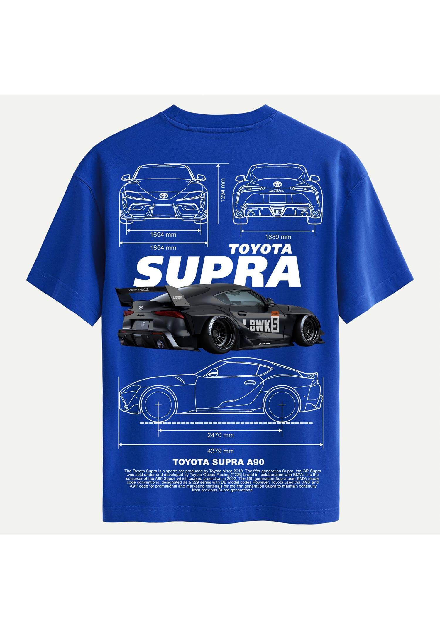 Unisex Bisiklet Yaka %100 Organik Pamuklu Kalın Dokulu Toyota Supra A90 Baskılı Oversize T-shirt - SAKS MAVİSİ