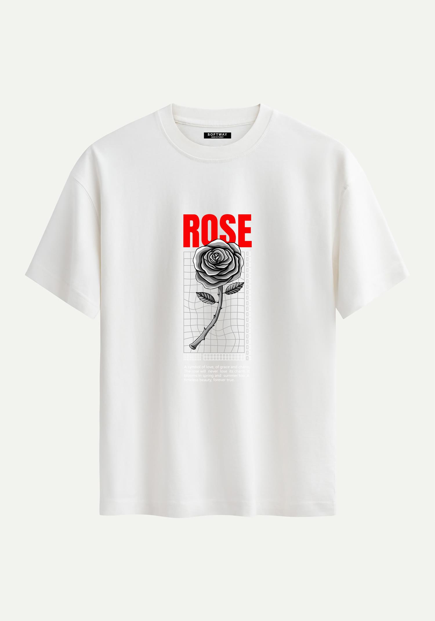 Unisex Bisiklet Yaka %100 Organik Pamuklu Kalın Dokulu Rose Baskılı Oversize T-shirt - EKRU