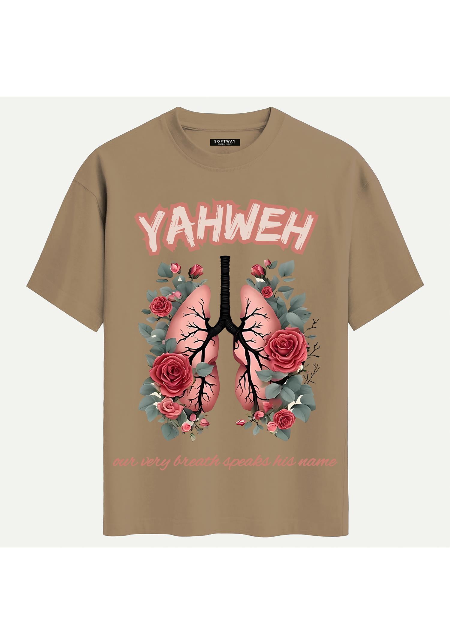 Unisex Bisiklet Yaka %100 Organik Pamuklu Kalın Dokulu YAHWEH Baskılı Oversize T-shirt - AÇIK KAHVERENGİ
