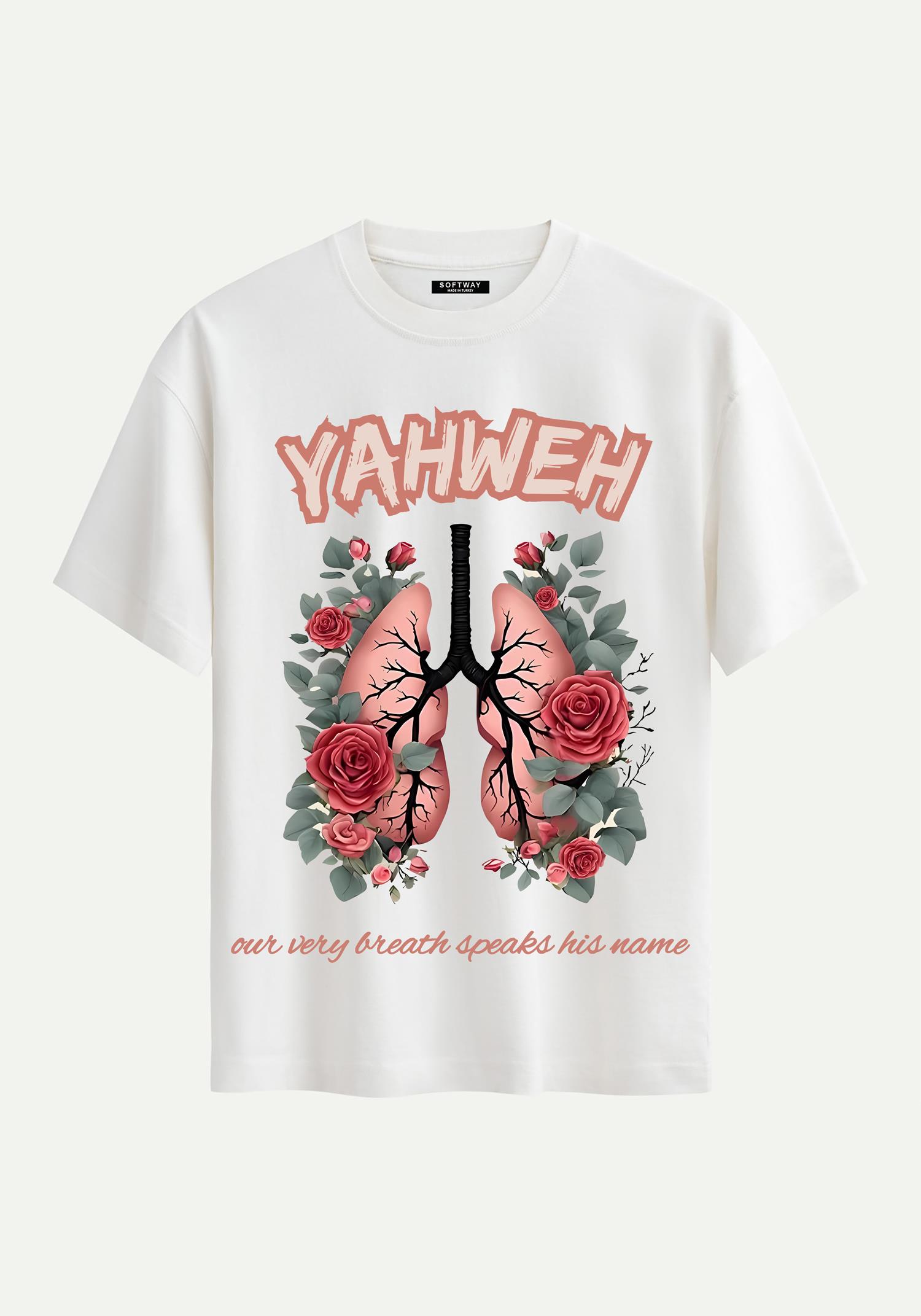 Unisex Bisiklet Yaka %100 Organik Pamuklu Kalın Dokulu YAHWEH Baskılı Oversize T-shirt - EKRU