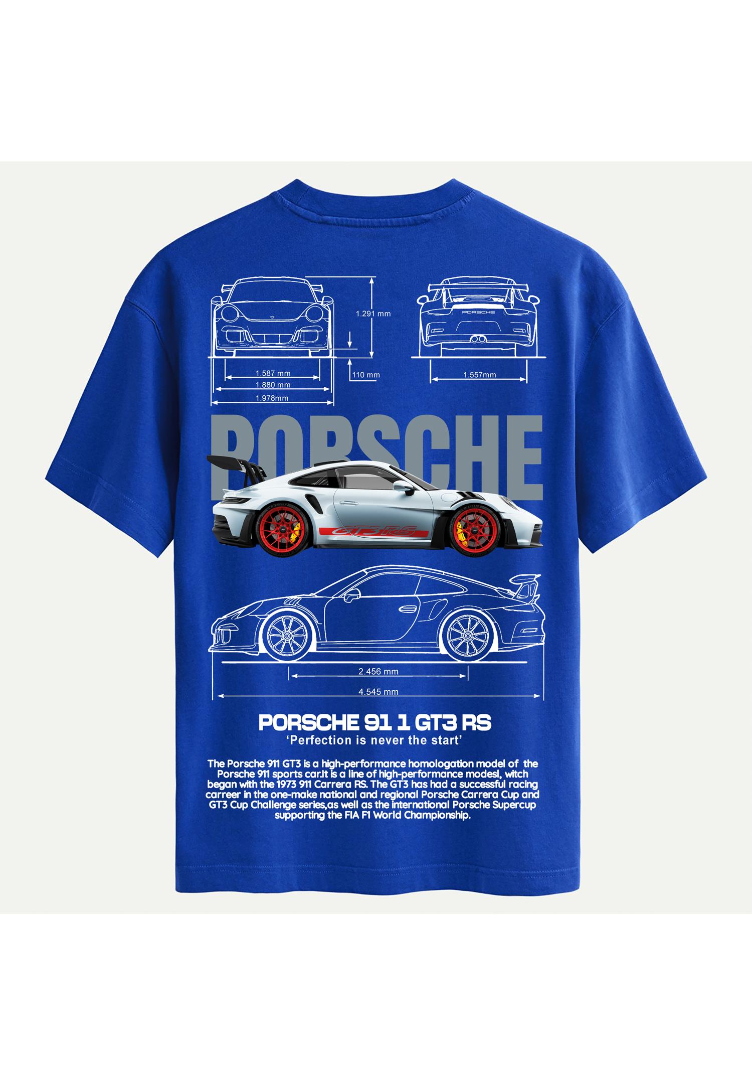 Unisex Bisiklet Yaka %100 Organik Pamuklu Kalın Dokulu Porsche 911 gt3 rs Baskılı Oversize T-shirt - SAKS MAVİSİ