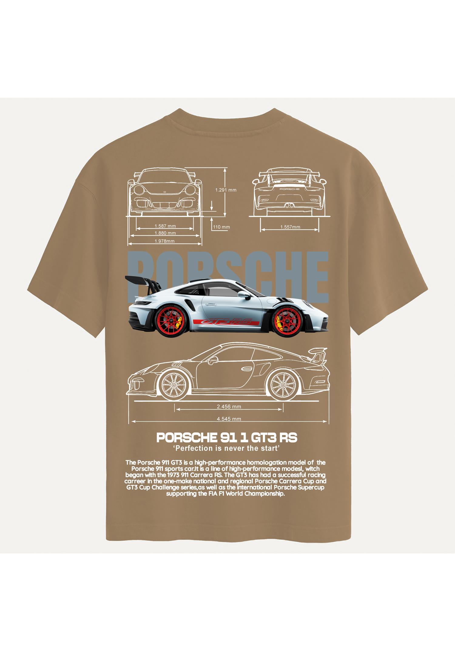 Unisex Bisiklet Yaka %100 Organik Pamuklu Kalın Dokulu Porsche 911 gt3 rs Baskılı Oversize T-shirt - AÇIK KAHVERENGİ