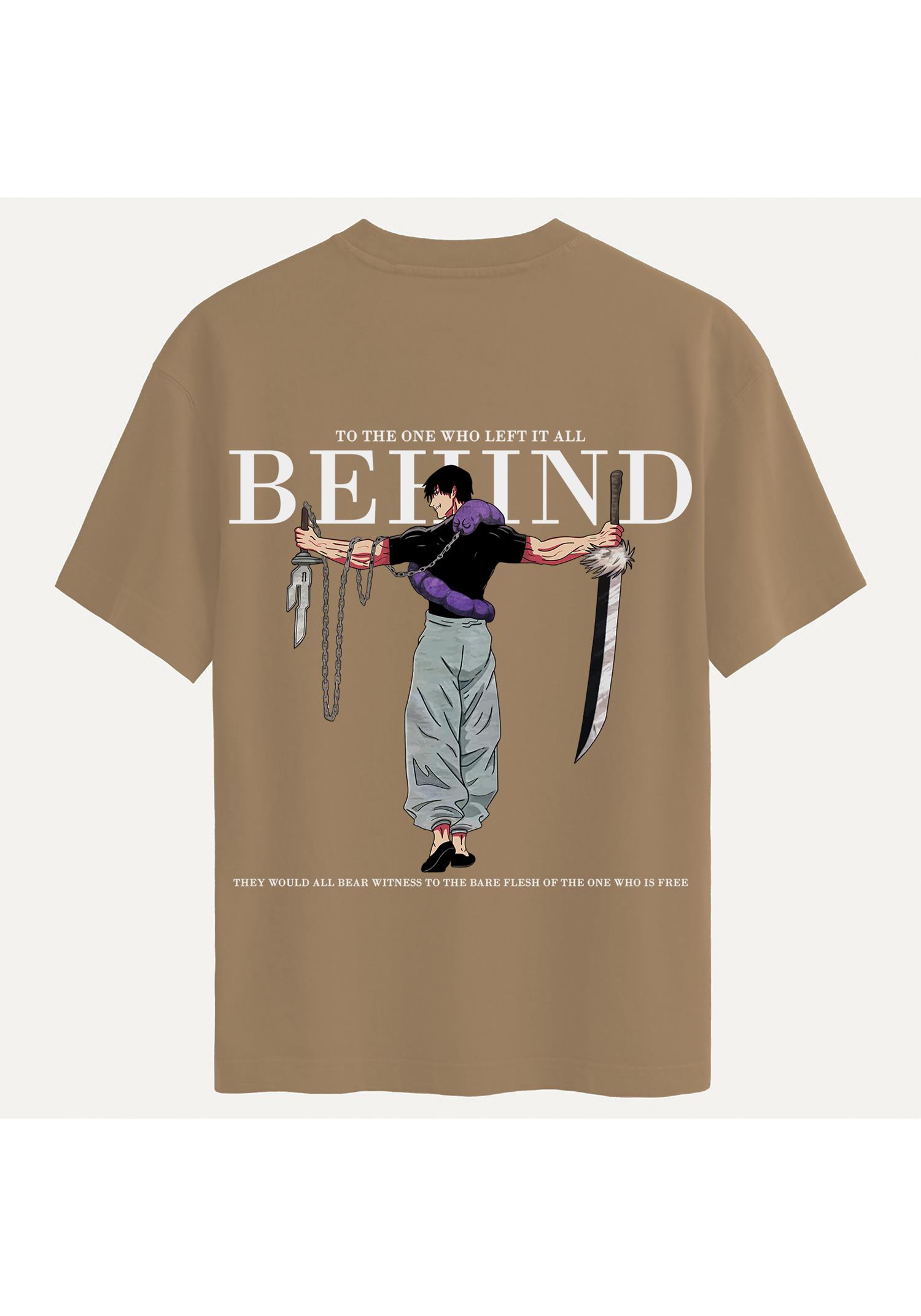 Unisex Bisiklet Yaka %100 Organik Pamuklu Kalın Dokulu Behind Baskılı Oversize T-shirt - AÇIK KAHVERENGİ