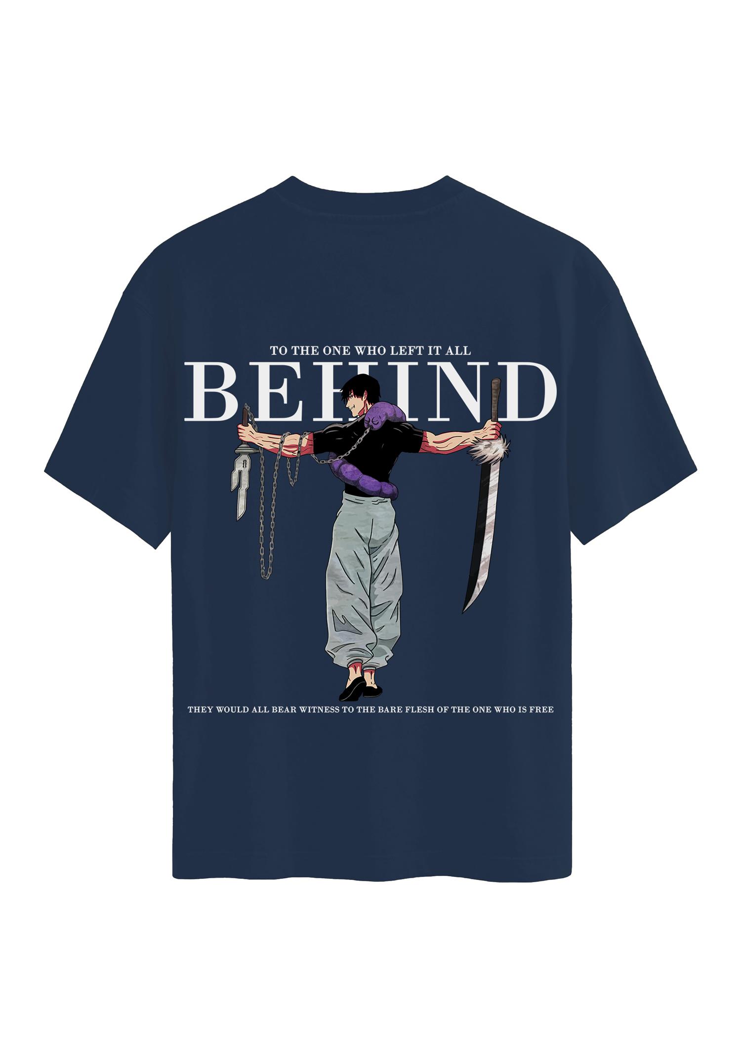 Unisex Bisiklet Yaka %100 Organik Pamuklu Kalın Dokulu Behind Baskılı Oversize T-shirt - LACİVERT