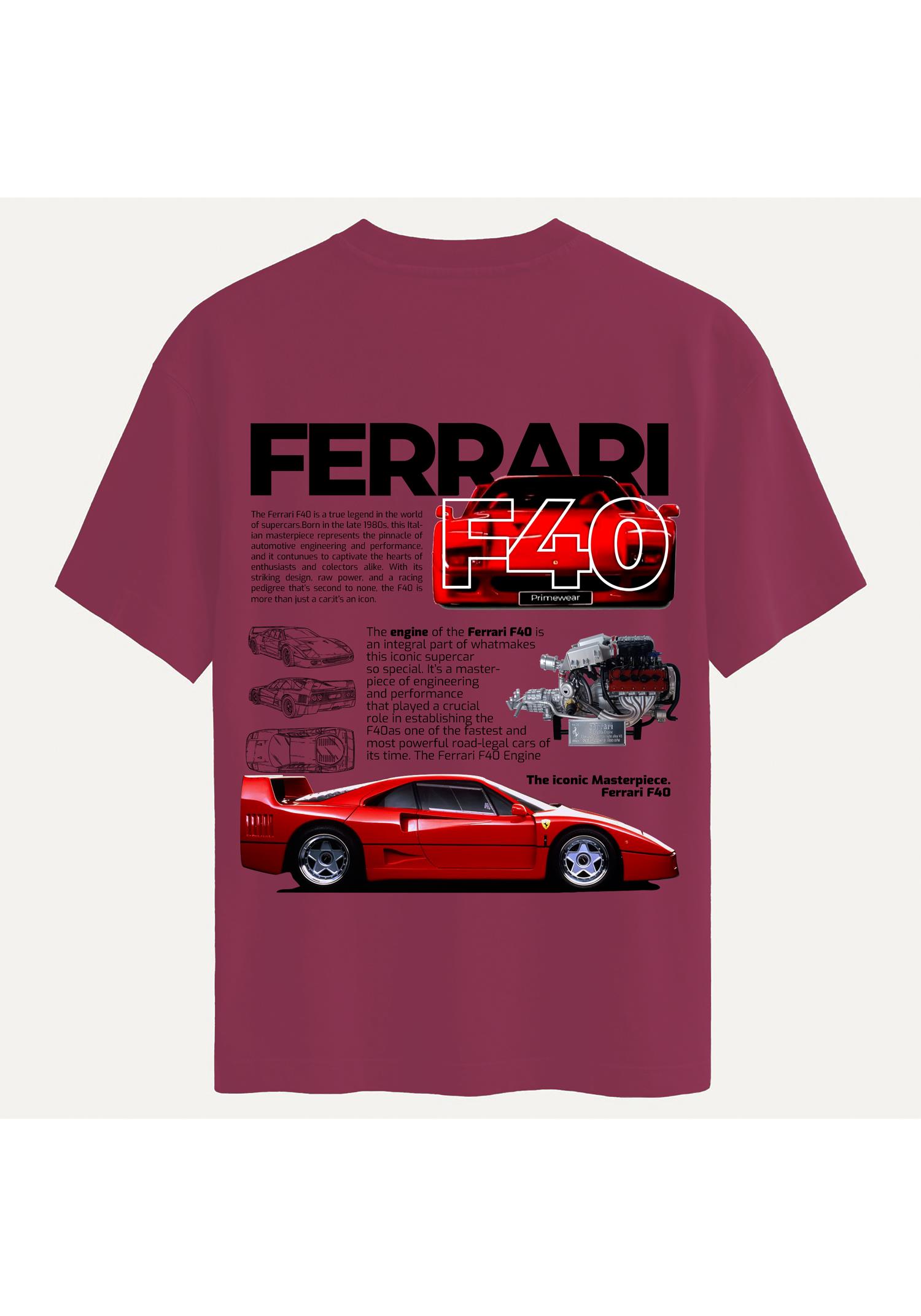 Unisex Bisiklet Yaka %100 Organik Pamuklu Kalın Dokulu Ferrari F40 Baskılı Oversize T-shirt - BORDO