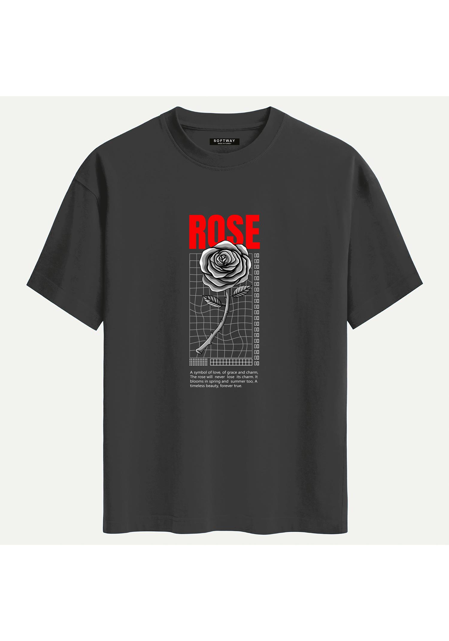 Unisex Bisiklet Yaka %100 Organik Pamuklu Kalın Dokulu Rose Baskılı Oversize T-shirt - FÜME