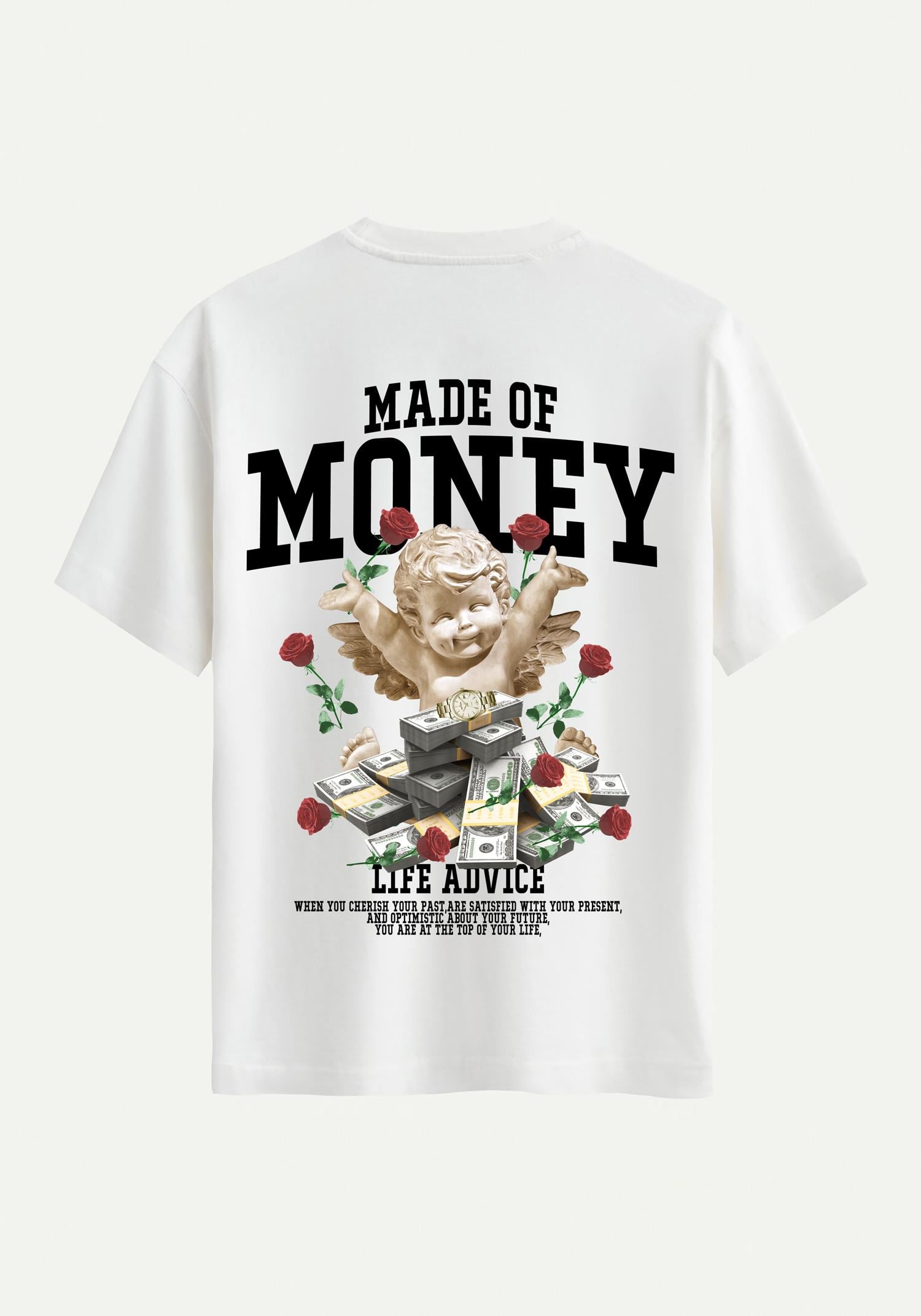 Unisex Bisiklet Yaka %100 Organik Pamuklu Kalın Dokulu Made Of Money Baskılı Oversize T-shirt - EKRU