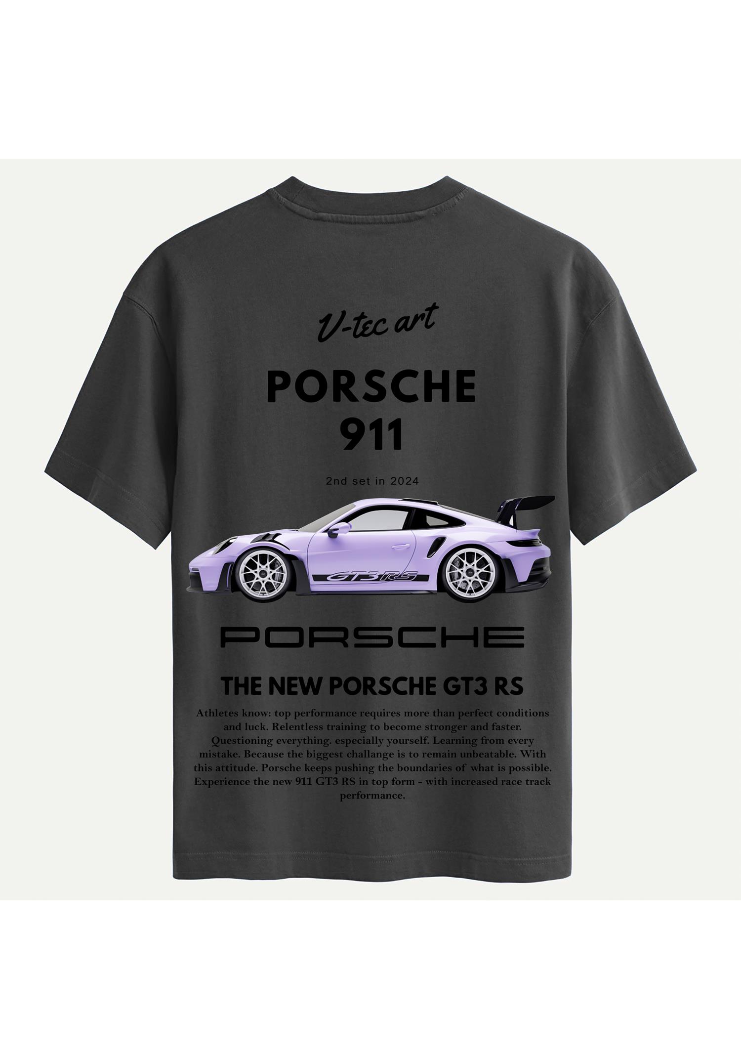 Unisex Bisiklet Yaka %100 Organik Pamuklu Kalın Dokulu Porsche 911 Baskılı Oversize T-shirt - FÜME