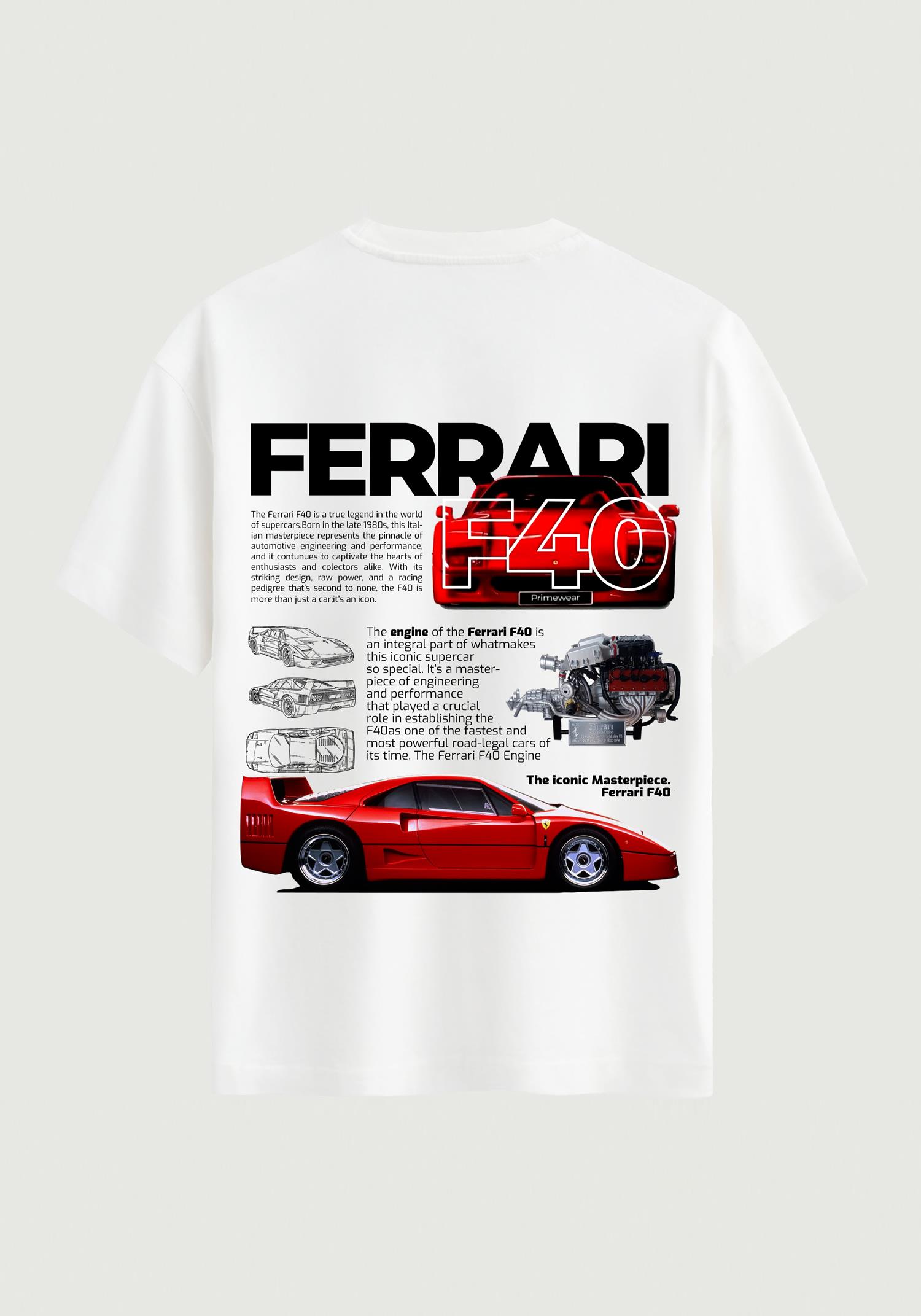 Unisex Bisiklet Yaka %100 Organik Pamuklu Kalın Dokulu Ferrari F40 Baskılı Oversize T-shirt - BEYAZ