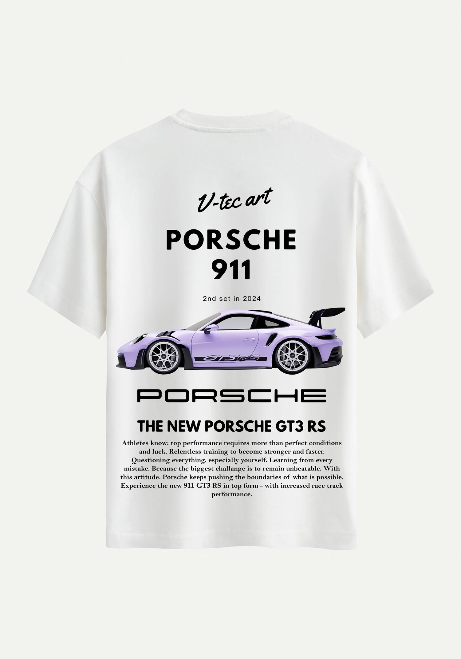 Unisex Bisiklet Yaka %100 Organik Pamuklu Kalın Dokulu Porsche 911 Baskılı Oversize T-shirt - EKRU
