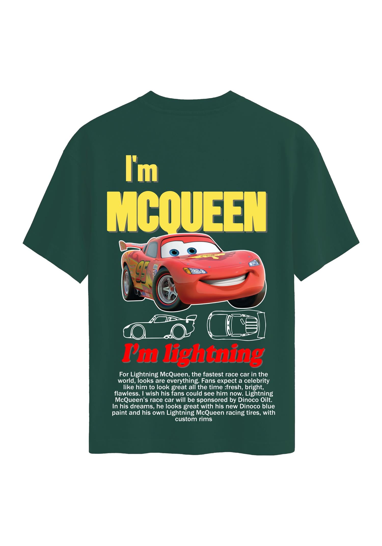 Unisex Bisiklet Yaka %100 Organik Pamuklu Kalın Dokulu McQueen Baskılı Oversize T-shirt - KOYU YEŞİL