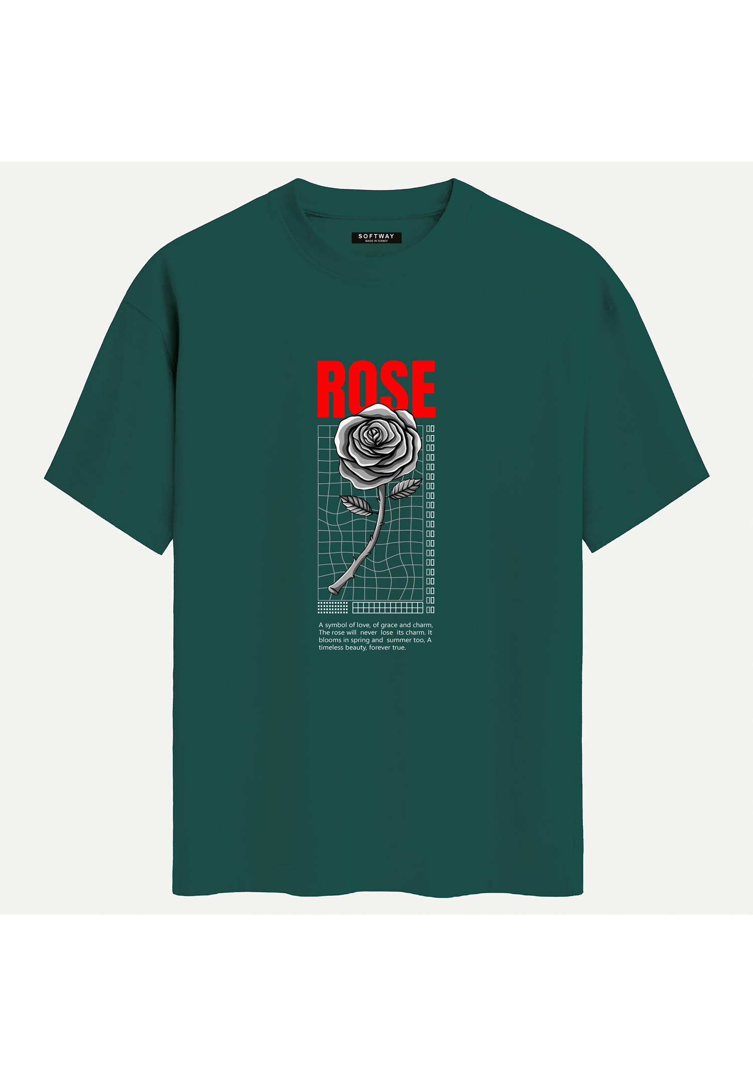 Unisex Bisiklet Yaka %100 Organik Pamuklu Kalın Dokulu Rose Baskılı Oversize T-shirt - KOYU YEŞİL