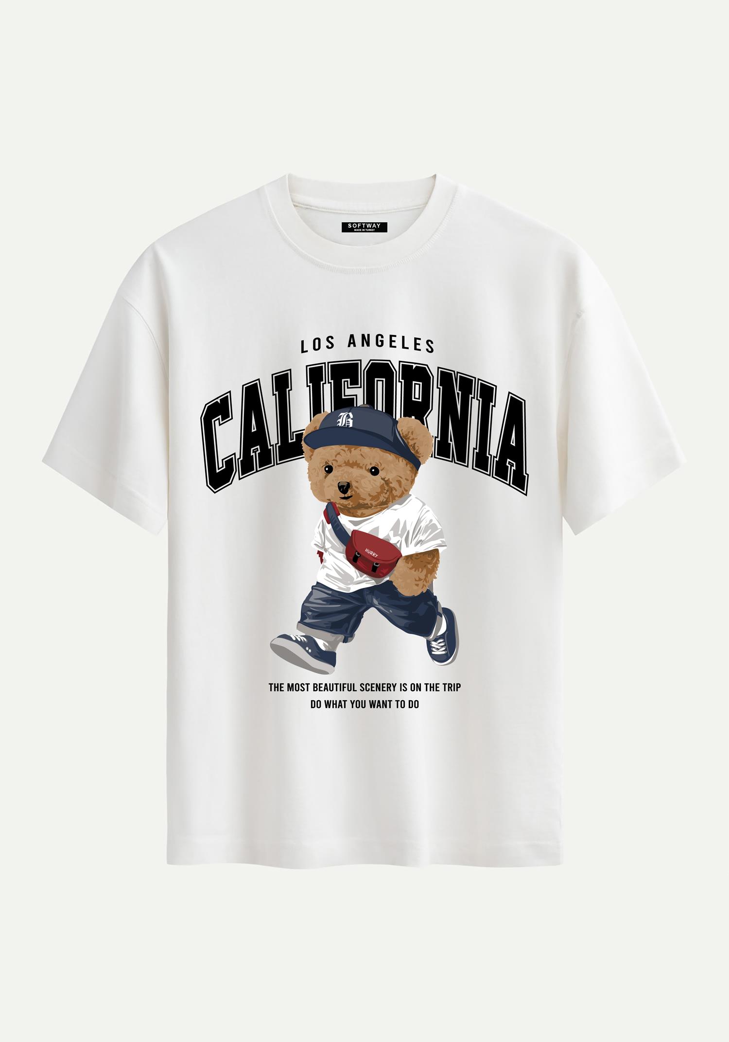 Unisex Bisiklet Yaka %100 Organik Pamuklu Kalın Dokulu California Baskılı Oversize T-shirt - EKRU