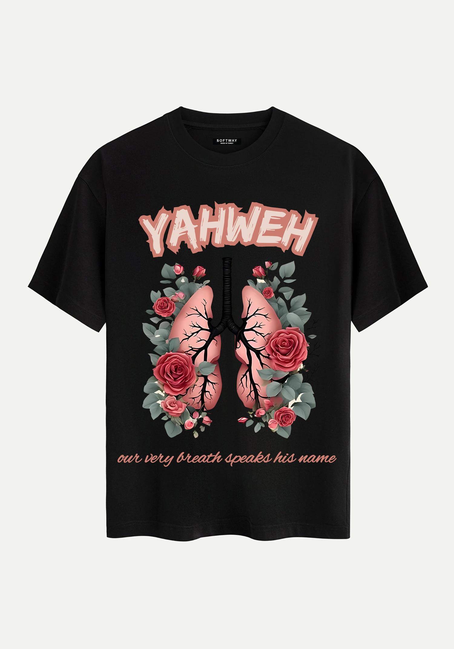 Unisex Bisiklet Yaka %100 Organik Pamuklu Kalın Dokulu YAHWEH Baskılı Oversize T-shirt - SİYAH