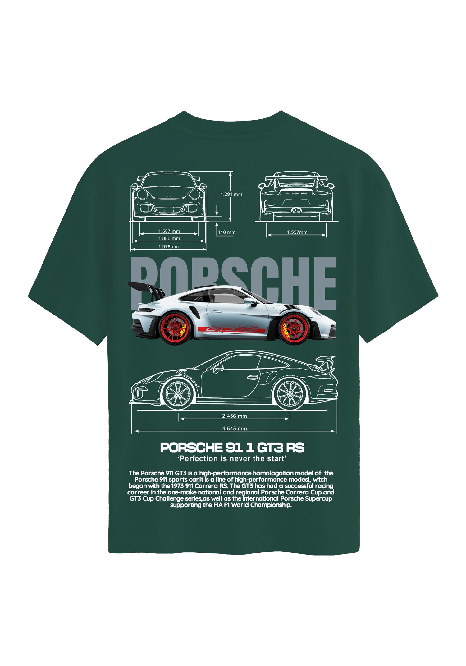 Unisex Bisiklet Yaka %100 Organik Pamuklu Kalın Dokulu Porsche 911 gt3 rs Baskılı Oversize T-shirt - KOYU YEŞİL