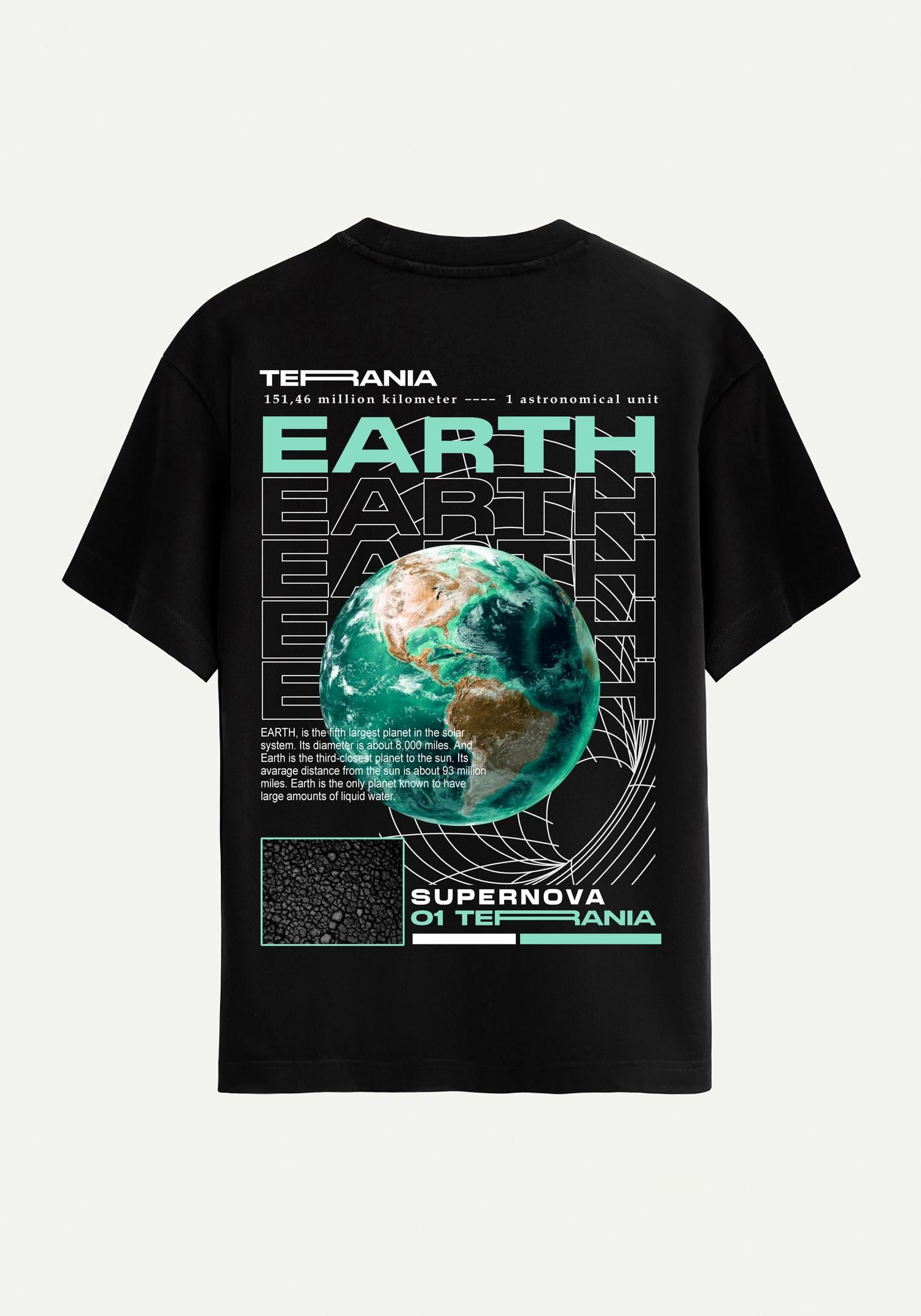 Unisex Bisiklet Yaka %100 Organik Pamuklu Kalın Dokulu Earth Baskılı Oversize T-shirt - SİYAH