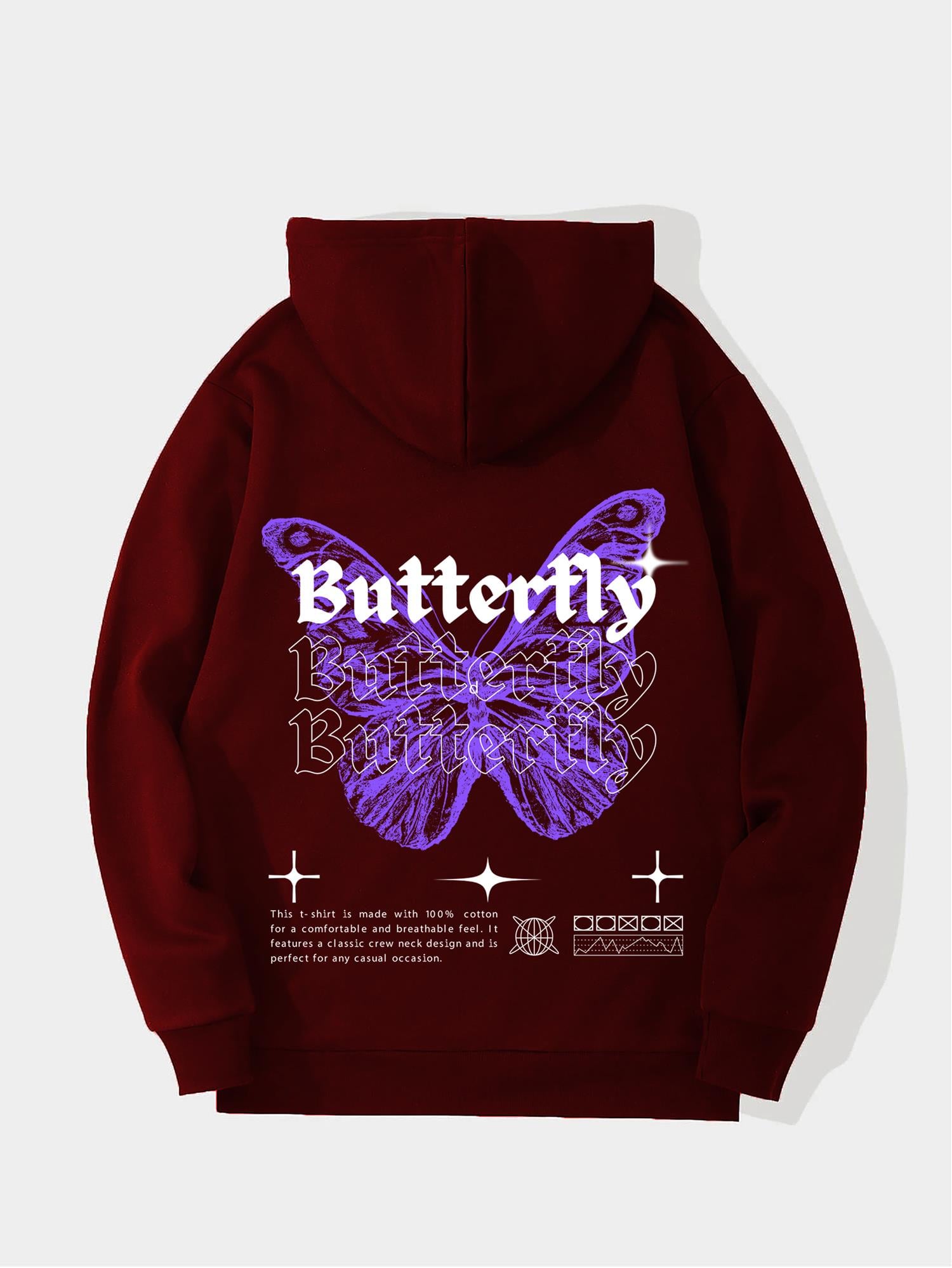 Unisex Butterfly Baskılı Kapüşonlu İçi Yumuşak Polarlı Oversize Sweatshirt - BORDO