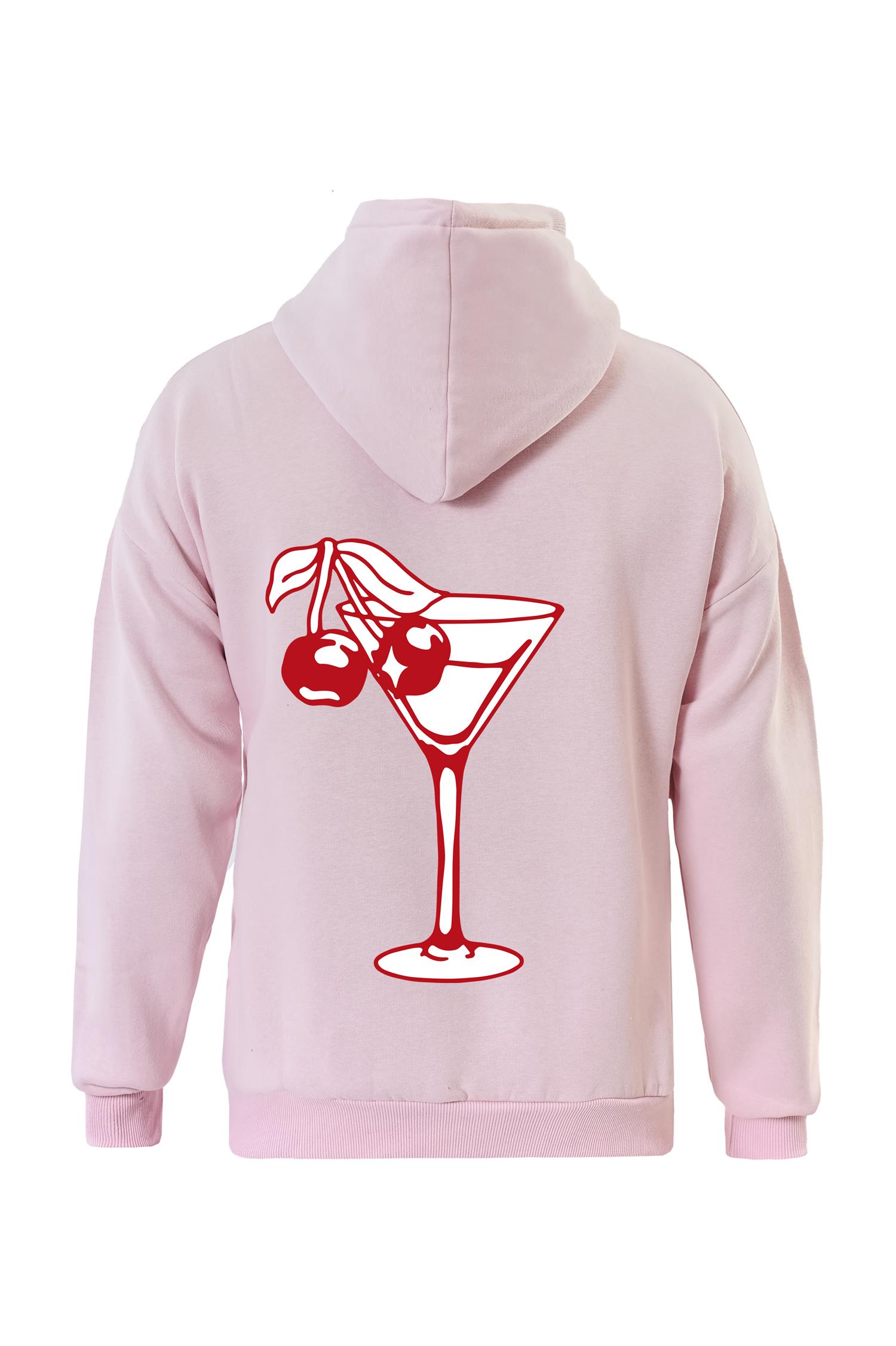 Unisex Cherry Cocktail Baskılı Kapüşonlu İçi Yumuşak Polarlı Oversize Sweatshirt - PEMBE